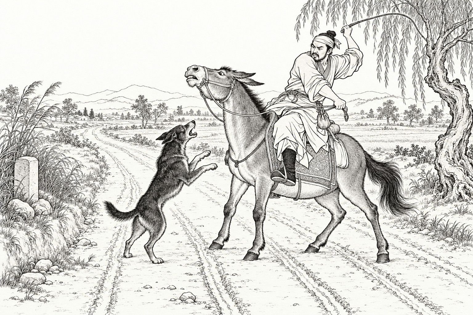 A line drawing in the manner of a late-Qing lithographed edition: On a country highway in daytime, a bearded traveller in a head-cloth and long gown, with a purse at his waist, turns in the saddle of a mule and raises a whip in anger, while a black dog rears up on its hind legs in front of the mule and barks at its head; a stone marker and reeds stand at the left, a drooping willow at the right, and fields and low hills lie in the distance.