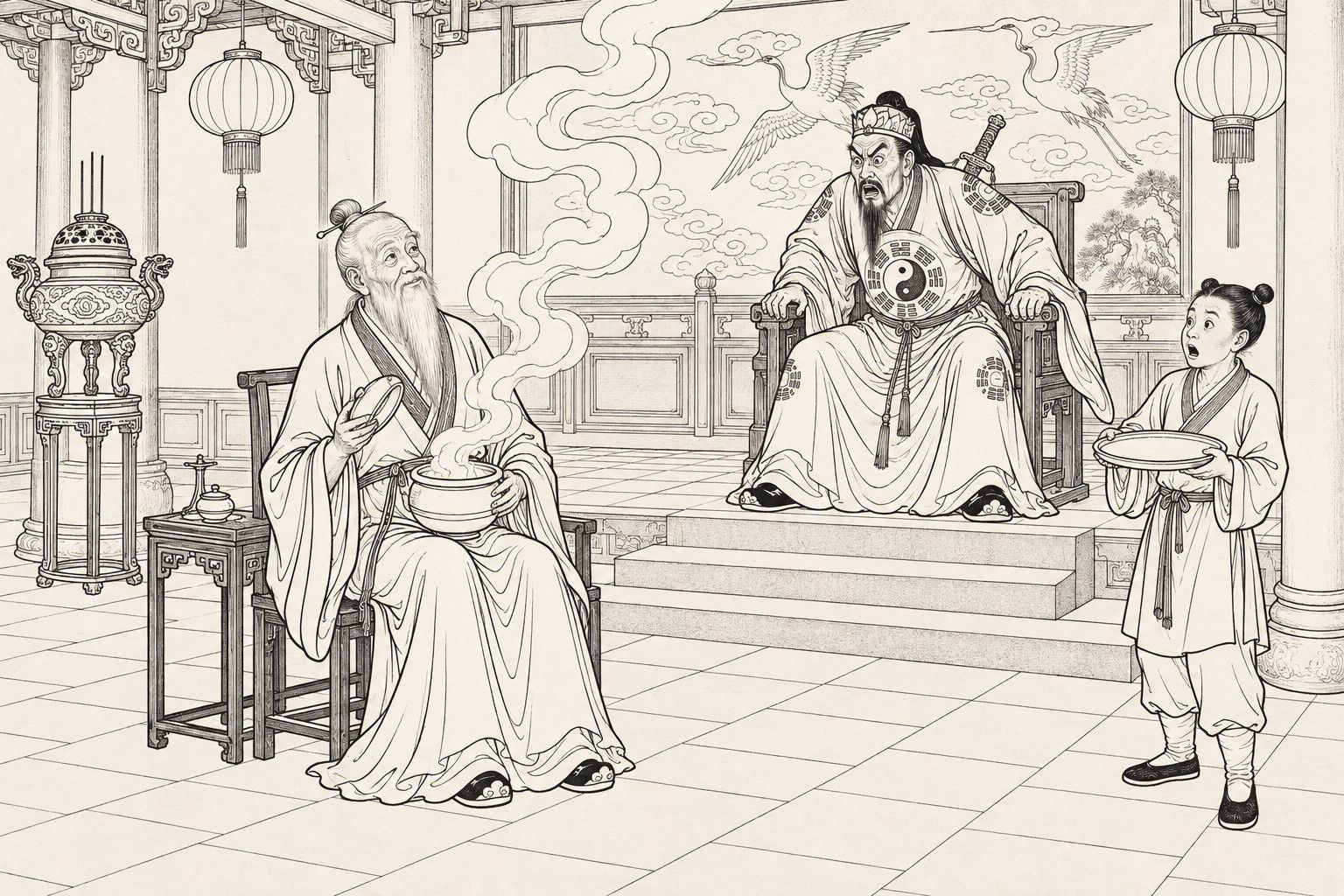 A line drawing in the manner of a late-Qing lithographed edition: in a temple hall, a white-bearded old sage sits holding an alms bowl on his knees with its lid lifted as loops of smoke curl up, while a fierce Daoist in a robe marked with the eight trigrams sits upright on a raised seat leaning forward in alarm, and a page boy beside them holds an empty tray, gaping.