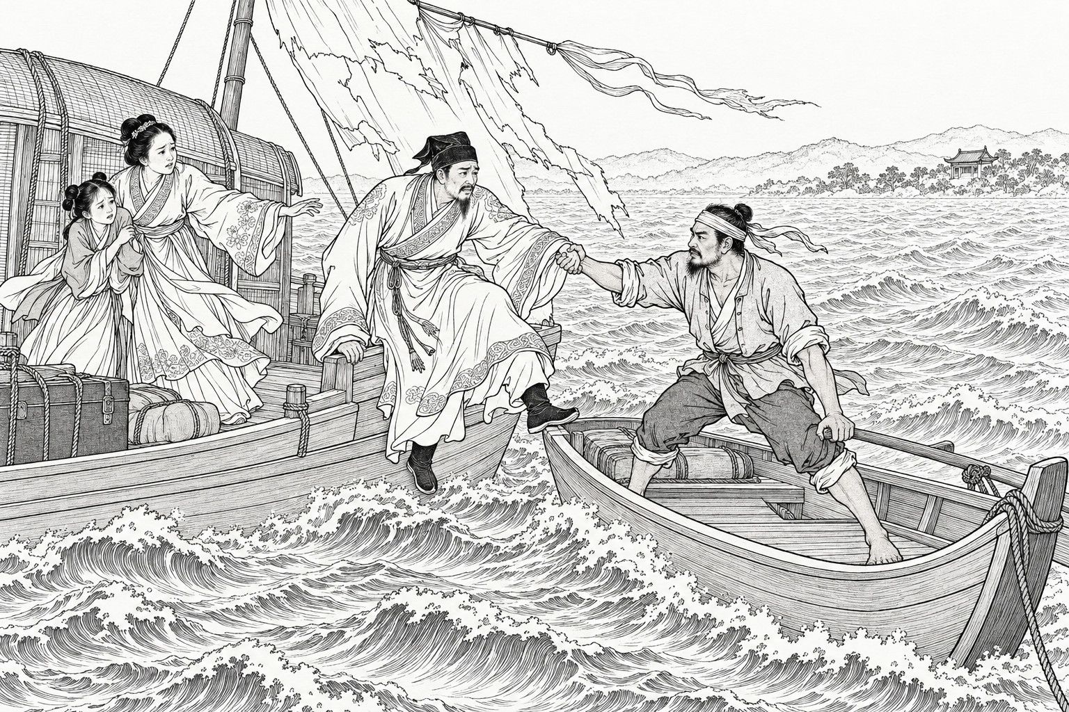 A line drawing in the manner of a late-Qing lithographed edition: on a wind-whipped lake in daytime, a boatman braced in a small boat grips the wrist of an official stepping over the side of his tilted travelling boat, while a lady and a young maidservant cling together behind him, beneath a torn hanging sail and leaning mast, with far hills and a small shrine roof across the rolling waves.