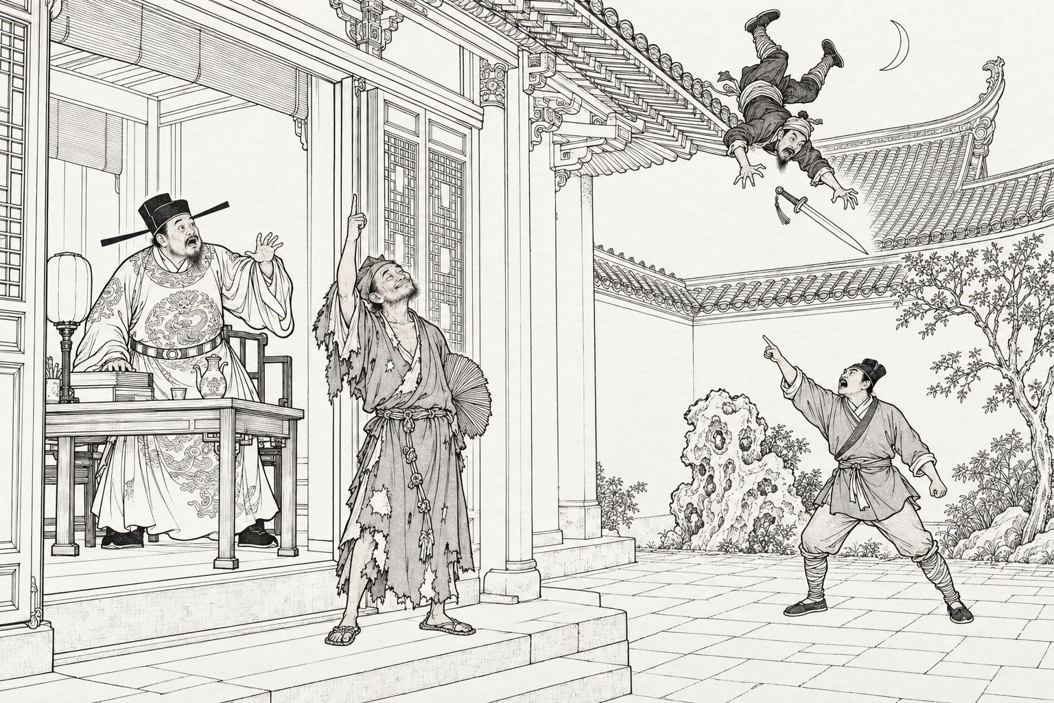 仿清末石印本的线描:夜里的院子里,破衣和尚站在亮着灯的书房门口,抬手指着屋顶;一个穿深色衣服的持剑人头朝下从檐边翻落,剑飞在一旁;戴长翅帽的知府在书案后半站起来;院里一个衙役指着上面。