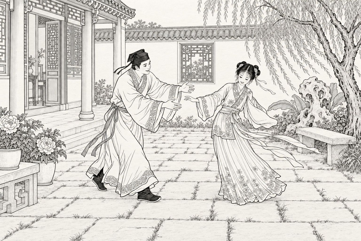 仿清末石印本的线描：春日白天的后院里，戴软巾的少年快步上前、双臂张开要去扶身子轻摇的少女，少女衣带长袖被风吹向一侧，含笑伸出一只手，四周有廊庑、花窗白墙、垂柳、太湖石芭蕉、牡丹盆和石凳。