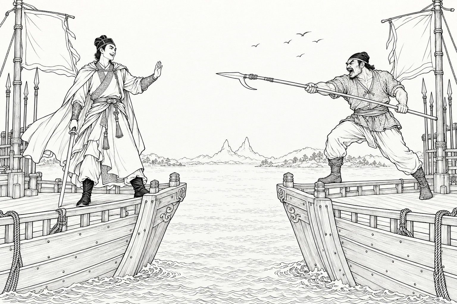 A line drawing in the manner of a late-Qing lithographed edition: on a broad river, two war boats face each other across open water: a slim young man in a cape stands at one prow with his saber's point on the deck and a hand raised palm out, while a burly man in water-dress levels a long hooked spear at him from the other.