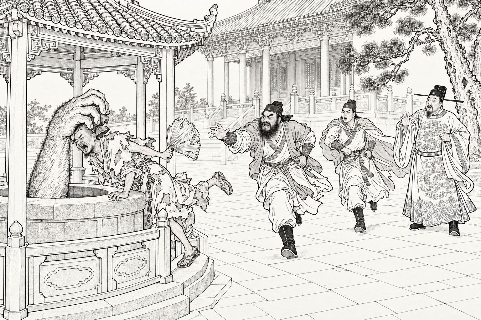 A line drawing in the manner of a late-Qing lithographed edition: in a temple courtyard beside a pavilion over a well, a huge hairy hand clamps on the head of a ragged monk who is bent double with one leg kicking and his fan waving, while a bearded man and a younger man with hands on their sword hilts run toward him and a prefect behind them lifts a hand in horror.