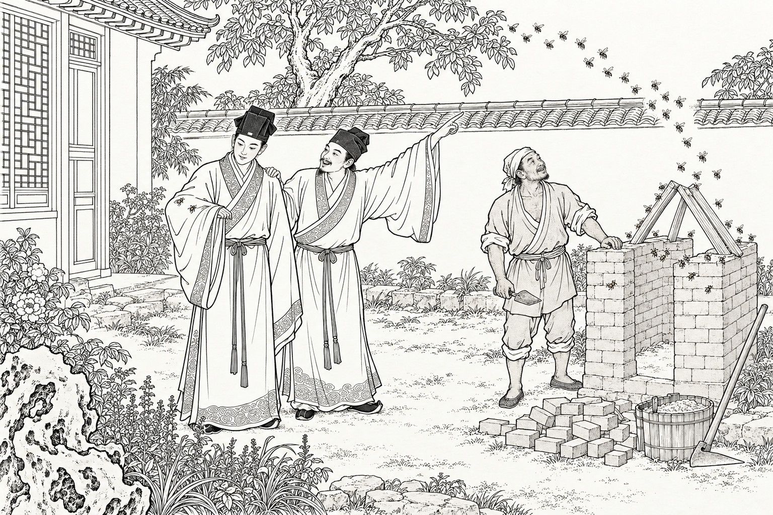 A line drawing in the manner of a late-Qing lithographed edition: in a garden, a mason with a trowel looks up at a swarm of bees streaming over the wall toward a half-built brick hive with only its rafters in place; a scholar with a bee on his sleeve looks on dazed while his laughing friend, an arm on his shoulder, points at the swarm; bricks and a mortar bucket lie about.
