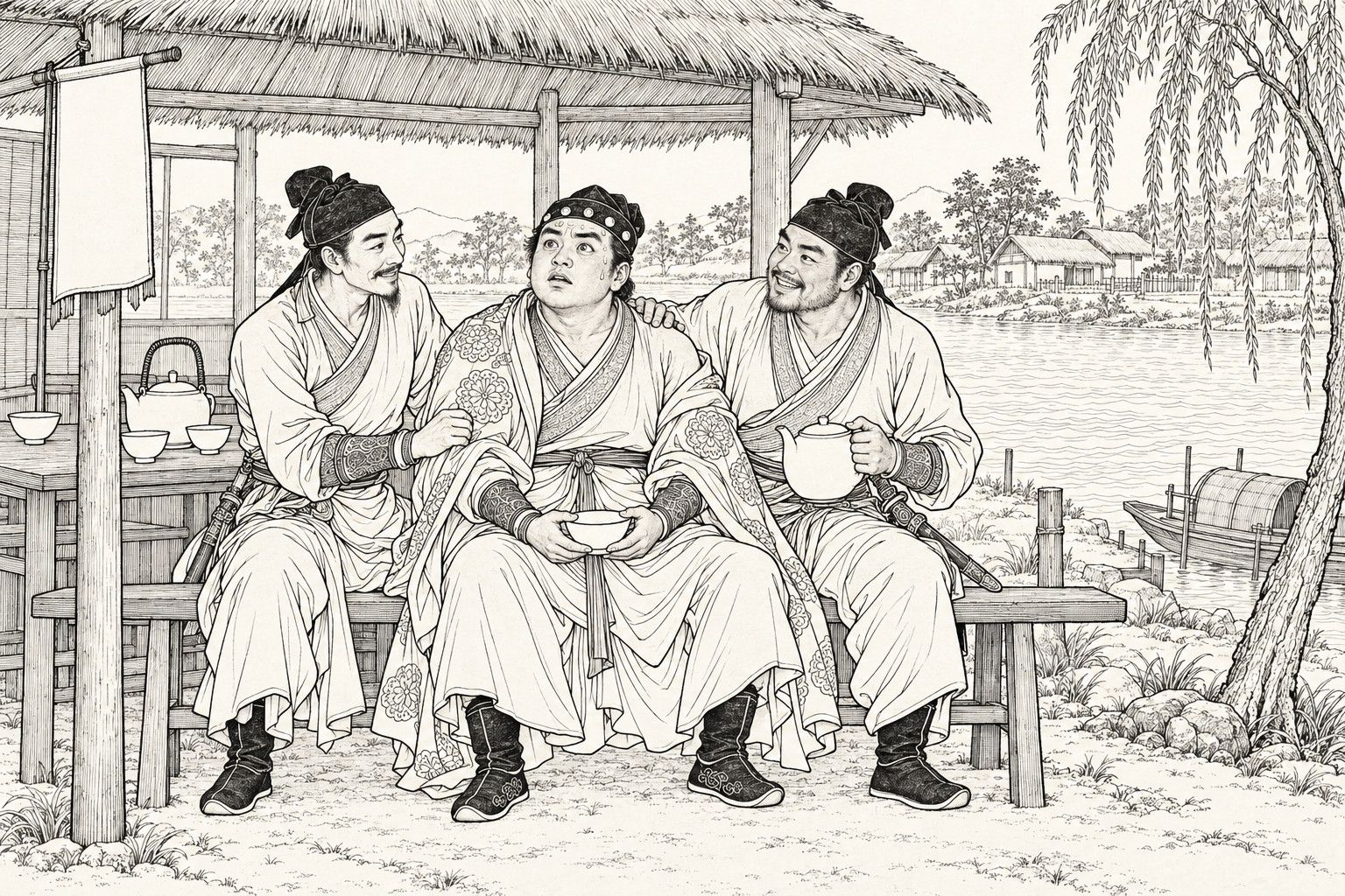 A line drawing in the manner of a late-Qing lithographed edition: at a thatched tea stall by a river, a stocky young man in a patterned cloak sits on a bench between two companions, holding an empty bowl in both hands with a glazed, upward stare, one companion with a hand on his shoulder and the other holding a teapot, smiling.