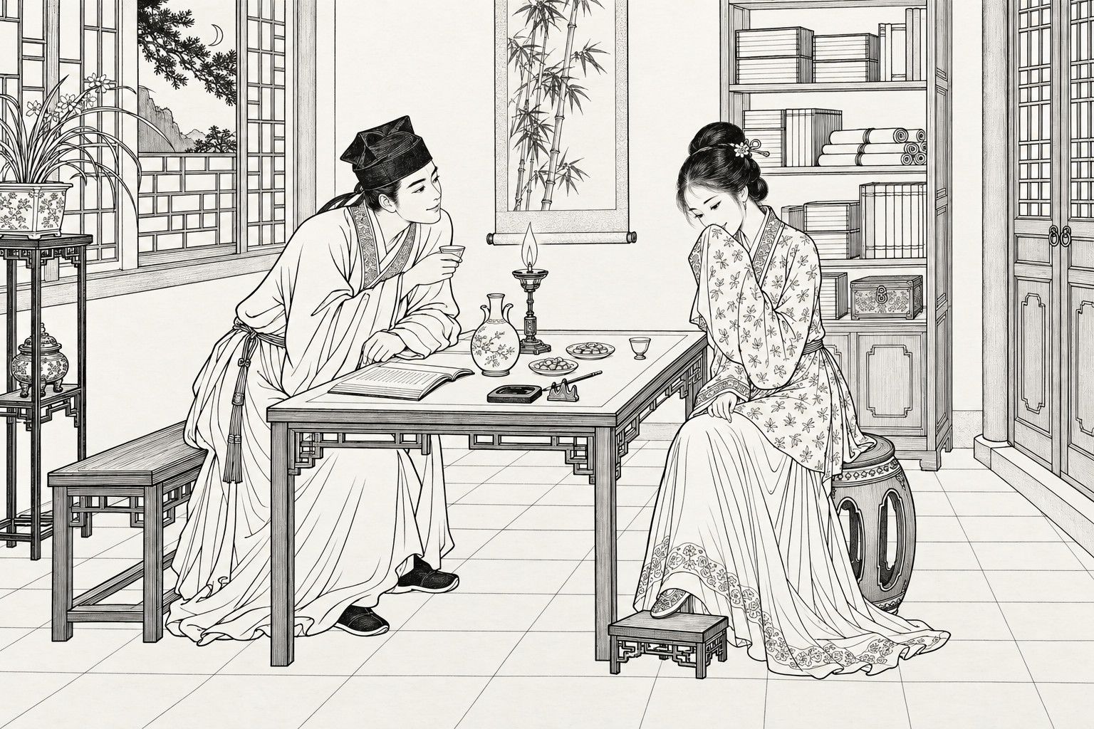 A line drawing in the manner of a late-Qing lithographed edition: on a quiet night in a temple study room, a young scholar leans over a small table with a wine cup in his hand and listens, smiling, while a slender young woman in a long patterned skirt sits on a drum stool, head bowed and sleeve raised to her lips, her embroidered shoe resting on a low footstool, with a wine jug, a lamp, an open book, a bamboo scroll, a bookcase and a potted orchid around them.