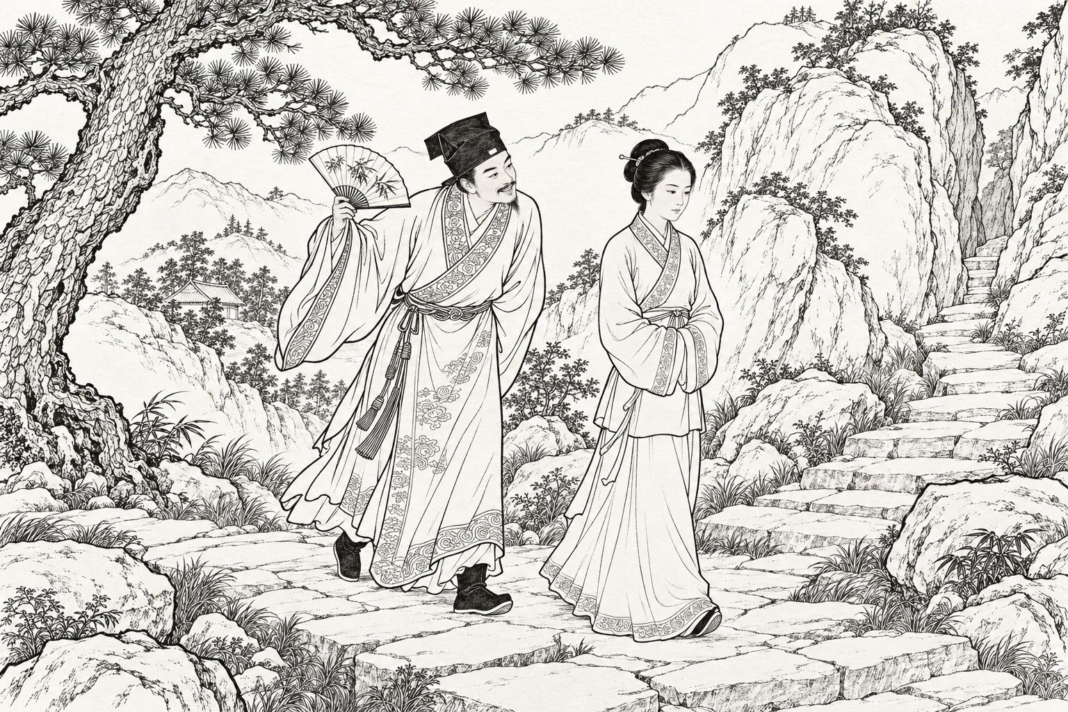 A line drawing in the manner of a late-Qing lithographed edition: on a stone path among pines and rocks in the hills by day, a smiling scholar in cap and long robe leans toward a young woman and raises a folding fan to speak to her, while she walks on with her hands folded and her eyes straight ahead, under a leaning old pine with a rock face, a narrow gully, distant ridges and a small hut roof behind them.