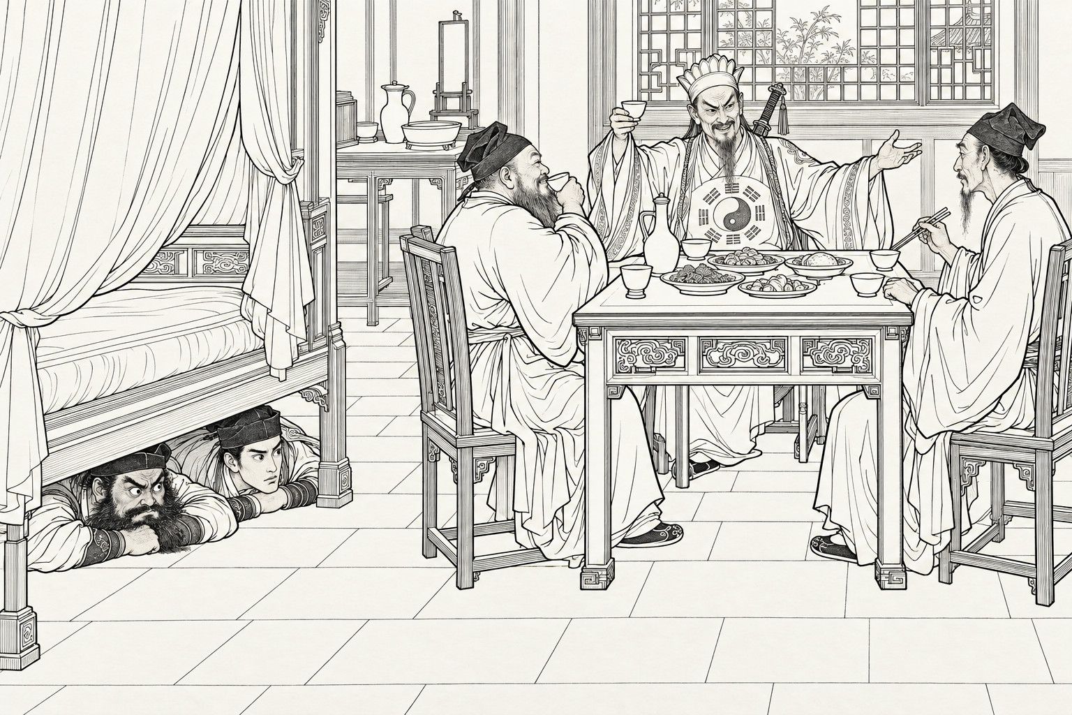 A line drawing in the manner of a late-Qing lithographed edition: in a room with a curtained bed, three men sit round a square table of dishes, the one at the head, a fierce Daoist with the eight trigrams on his robe, raising a cup as he talks, while under the bed two bodyguards lie flat on their stomachs, only their heads and shoulders showing.