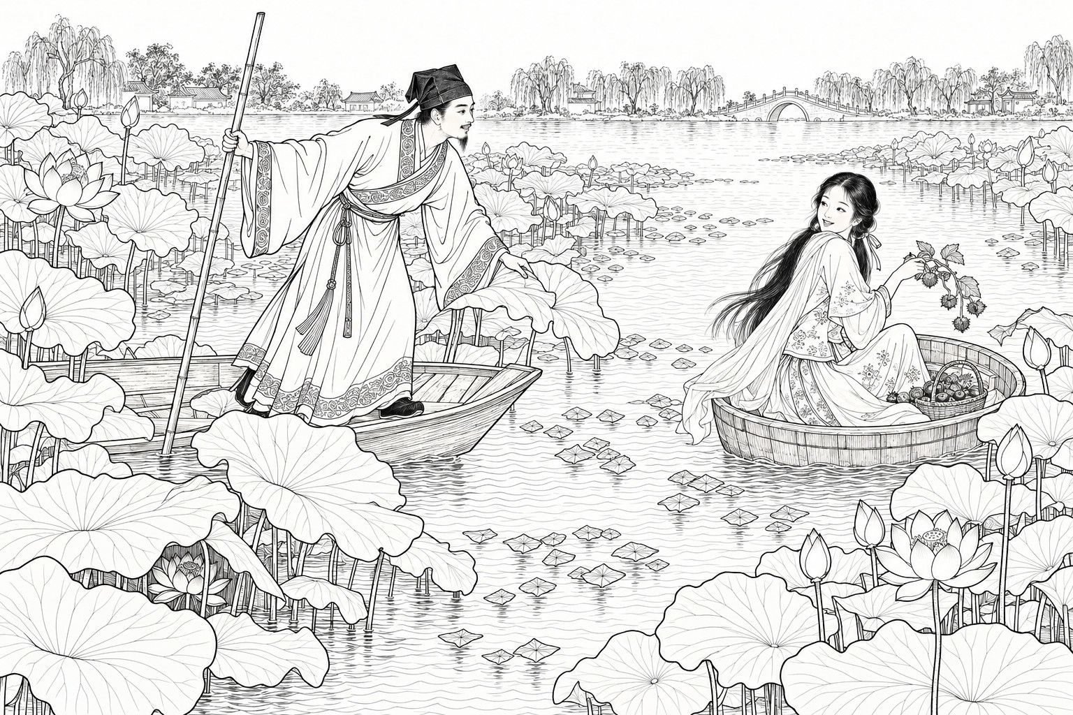 A line drawing in the manner of a late-Qing lithographed edition: on a lotus-filled lake in the early morning, a young scholar standing in the bow of a small boat leans forward with a punt pole and pushes aside a lotus leaf, while a girl in a thin gauze cape sits in a round tub-boat ahead of him, looking back over her shoulder with a spray of water-chestnut vine in her hand, with big lotus leaves and blooms around them and willows and a small arched bridge on the far shore.