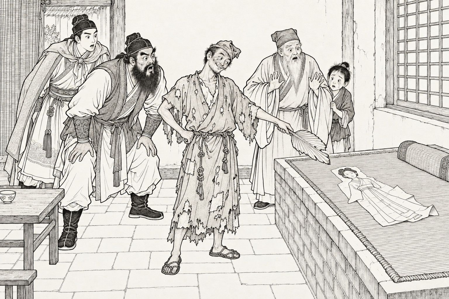 A line drawing in the manner of a late-Qing lithographed edition: in a country room beside a brick sleeping platform, a ragged monk points his fan at a flat paper figure of a woman lying on the mat, while a bearded bodyguard, a young man, an old man and a child stand round staring in astonishment.