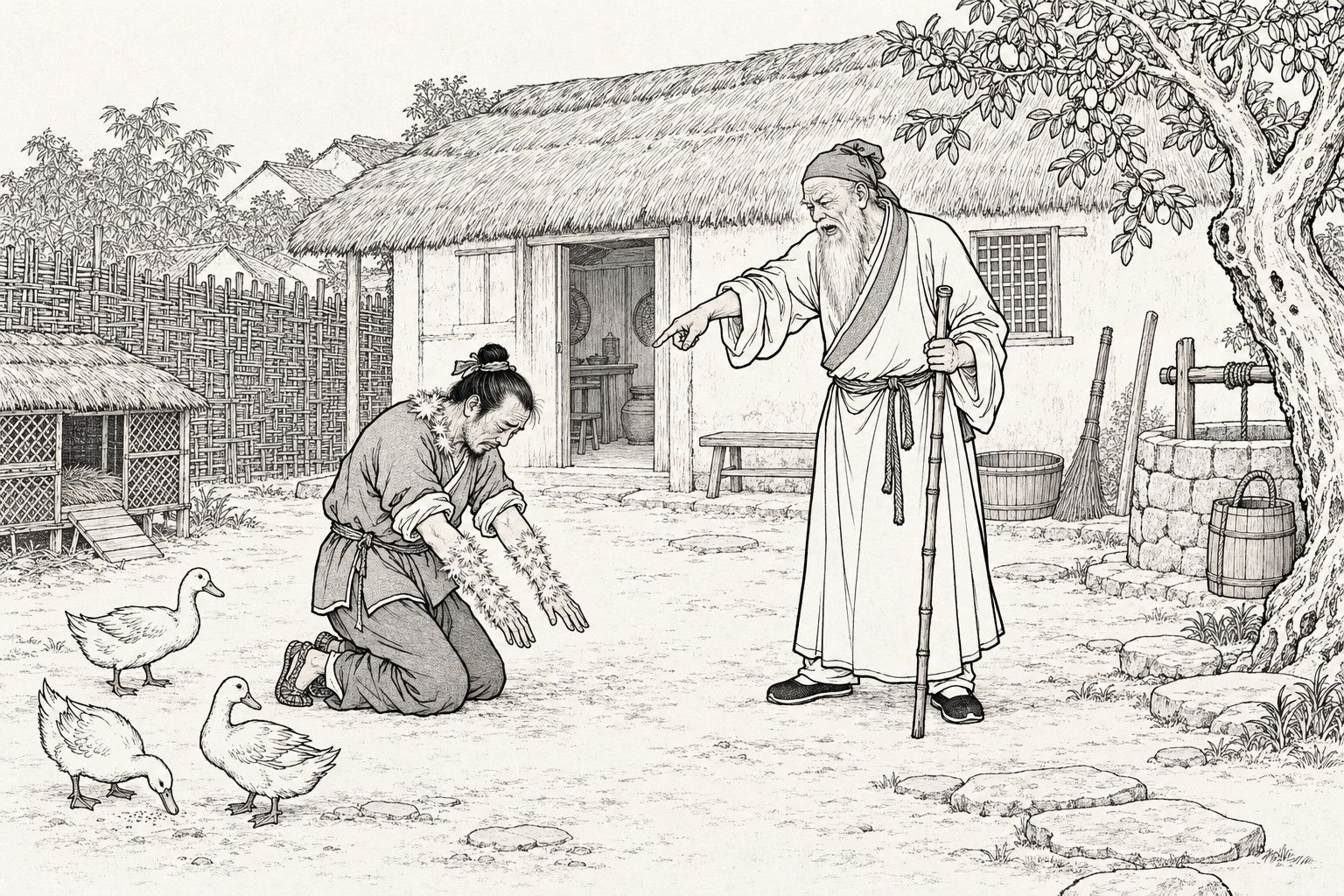 A line drawing in the manner of a late-Qing lithographed edition: in the daytime yard of a thatched village farmhouse, a barefooted-looking villager kneels with bowed head and downy-feathered forearms outstretched, while a white-bearded old man with a bamboo staff points at him and scolds, with ducks, a wicker fence and coop, a jujube tree and a stone well around them.