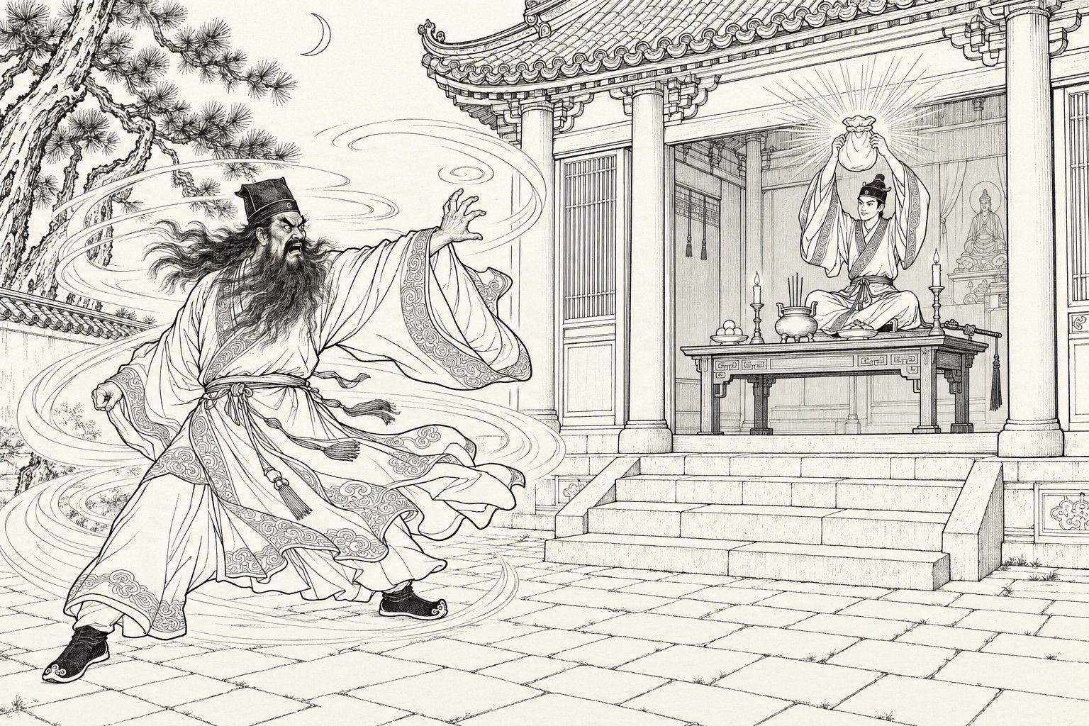 A line drawing in the manner of a late-Qing lithographed edition: at night in a village shrine, a young Daoist sits cross-legged on the offering table holding a cloth bag above his head with rays of light shooting from its mouth, while in the courtyard a fierce old Daoist with long wind-blown hair and beard stretches out one hand, his robes whipped by a whirlwind.