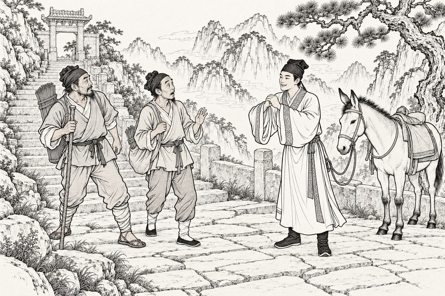 A line drawing in the manner of a late-Qing lithographed edition: on a stone pilgrim path halfway up a mountain in daytime, a smiling young scholar who has dismounted holds his mule's reins and bows with clasped hands to two startled villagers carrying incense bundles and a staff, with stone steps, a small memorial gateway, a parapet, a gnarled pine and misty peaks behind them.