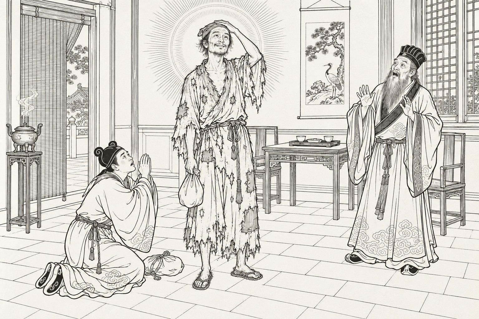 A line drawing in the manner of a late-Qing lithographed edition: in a studio room, a ragged monk stands tall with one hand on his head and a halo of fine rays round him, a young Daoist kneels at his feet with palms together beside a fallen cloth bag, and an old Daoist raises a hand in awe.