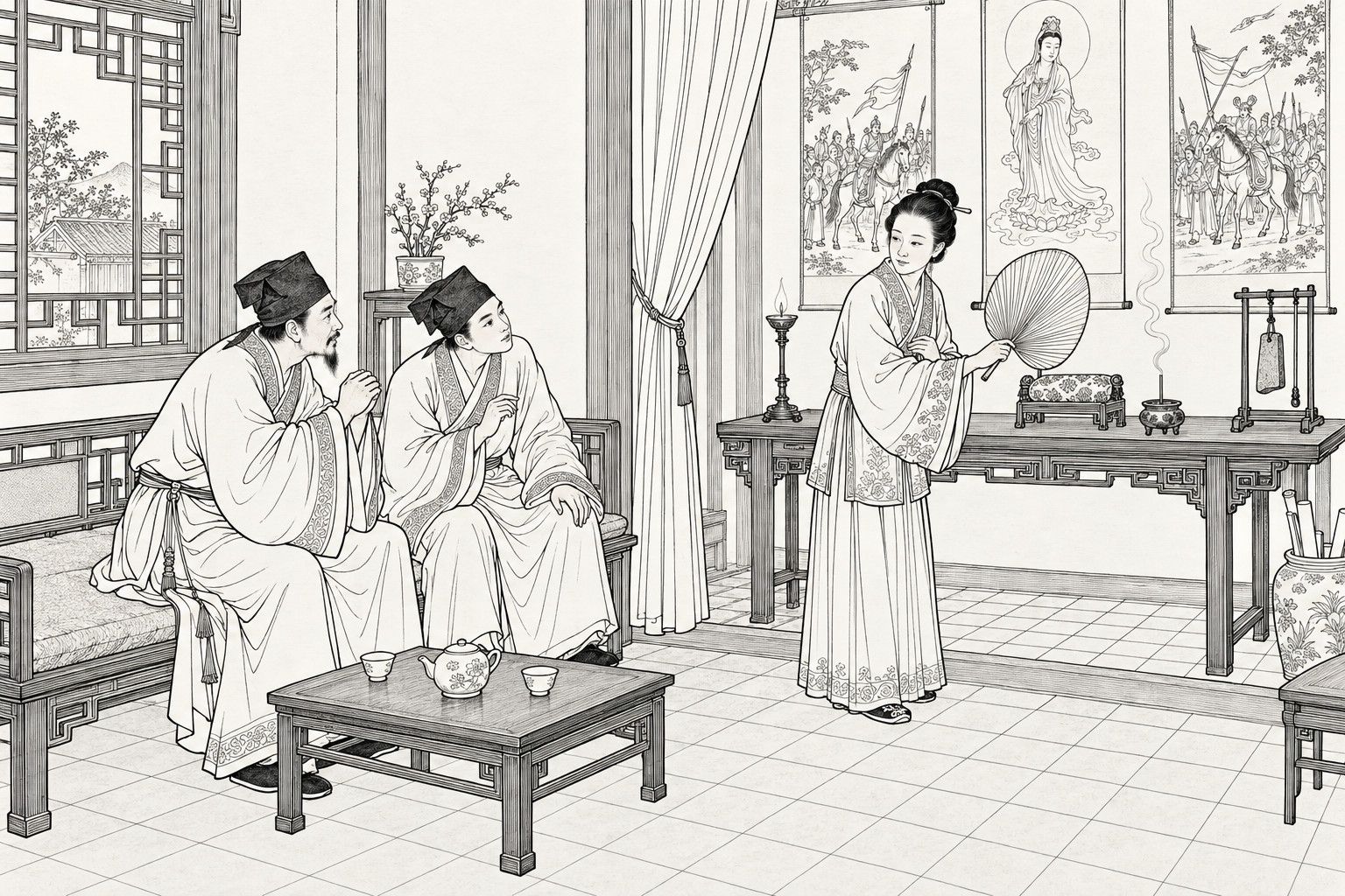 A line drawing in the manner of a late-Qing lithographed edition: at dusk in a small village house, a slender woman stands beside an altar table holding up a palm-leaf fan toward a tiny brocade-cushioned seat, while two scholars seated on a couch in the outer room, one bowing with clasped hands and the other leaning in to listen, face her, with a Guanyin scroll, riders' scrolls, an incense burner, a chime stone and a lattice window around them.