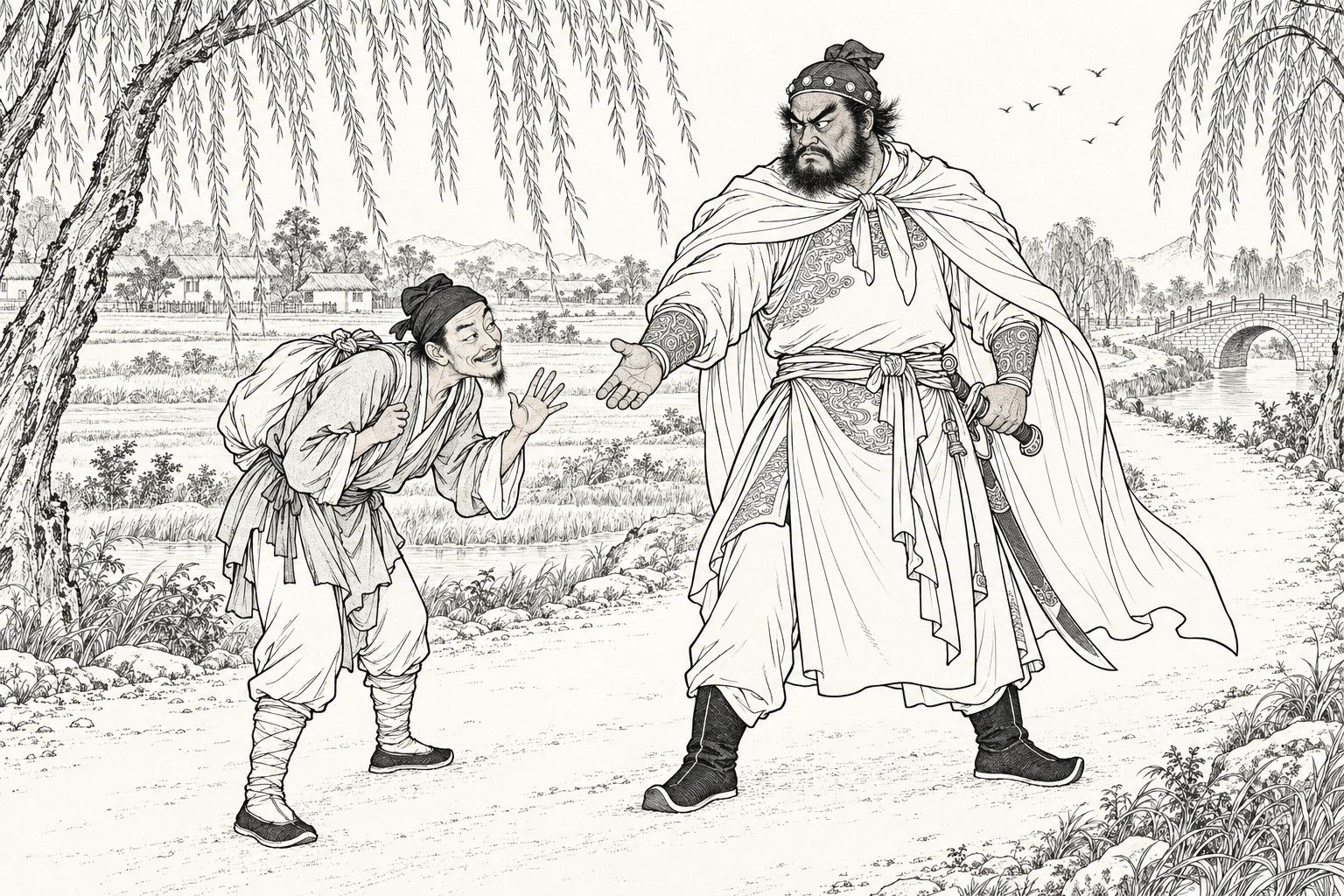 A line drawing in the manner of a late-Qing lithographed edition: on a country road beside rice fields and a stone bridge, a huge glowering warrior in a cloak stands in the middle with a hand on his saber hilt and the other hand thrust out, while a thin traveller with a pack on his back bows with a false smile.