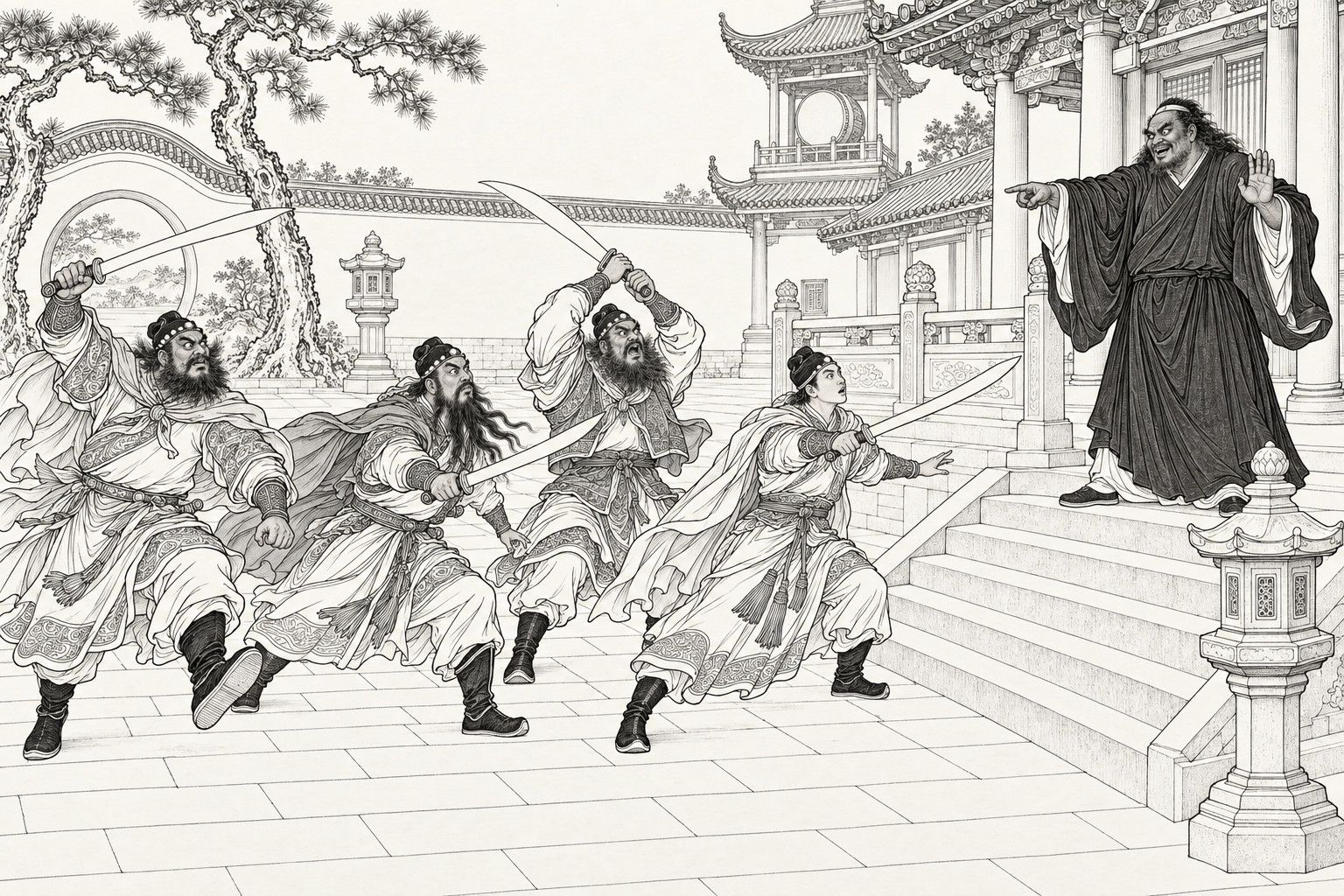 A line drawing in the manner of a late-Qing lithographed edition: in a temple courtyard, four warriors with raised sabers are frozen mid-charge in different poses before a flight of stone steps, while a heavy loose-haired monk in a dark robe stands at the top with one hand held up flat and the other forefinger pointing at them.