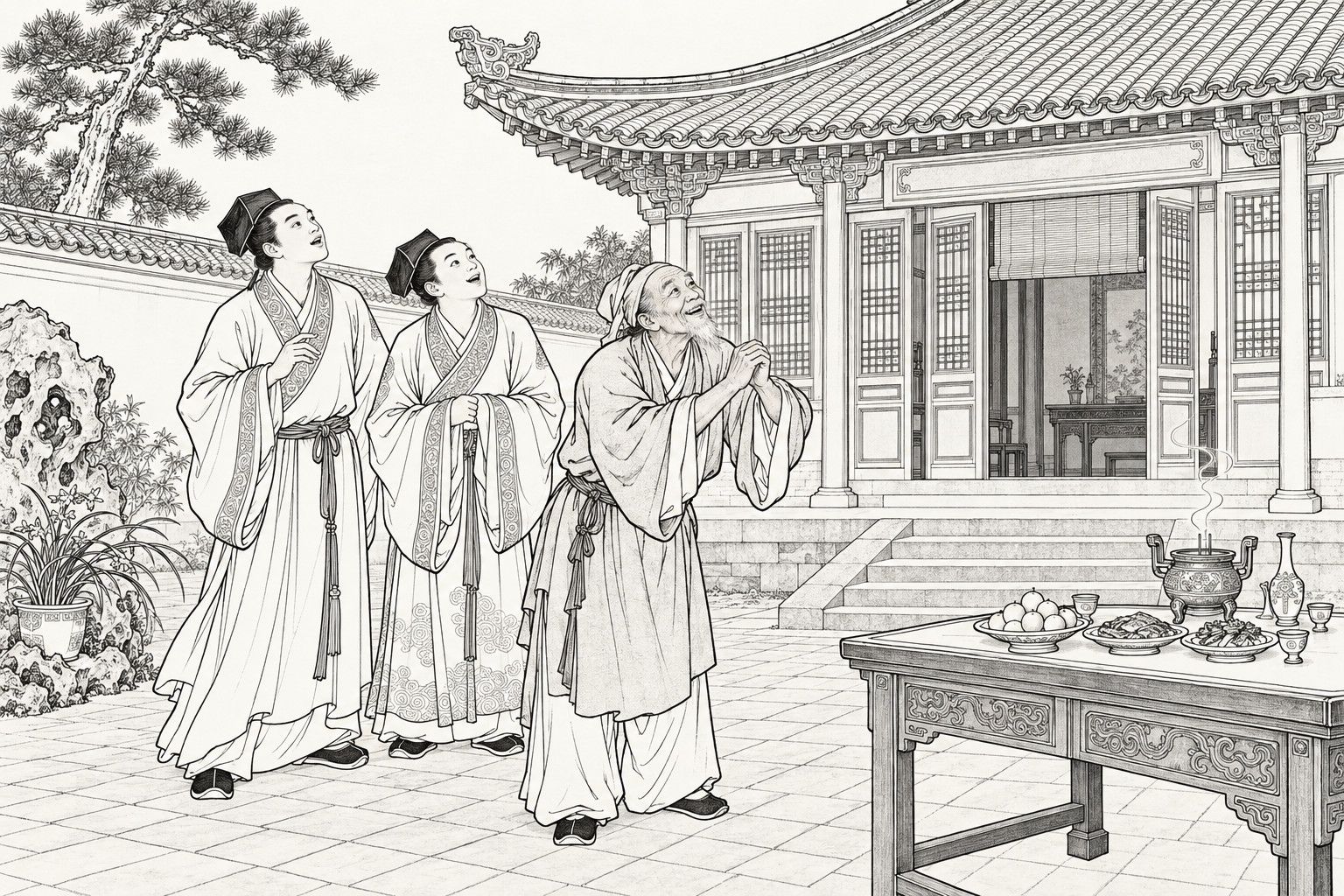 A line drawing in the manner of a late-Qing lithographed edition: in the paved front courtyard of a large house, an old village man bows with clasped hands toward the empty eave of the hall roof, while two young scholars in square caps and long robes stand behind him looking up in surprise, with an incense table bearing a burner, fruit, dishes and wine cups in the foreground, and a garden rock, orchids and a pine near the courtyard wall.