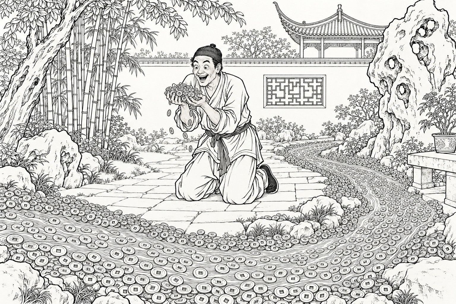 A line drawing in the manner of a late-Qing lithographed edition: In a walled garden by day, a kneeling servant in a skullcap and short belted jacket laughs in astonished delight as he holds up two cupped handfuls of copper coins, beside a winding stream of coins that flows across the flagstone path past bamboo, a tall pierced garden rock, a lattice-windowed wall and a pavilion roof.