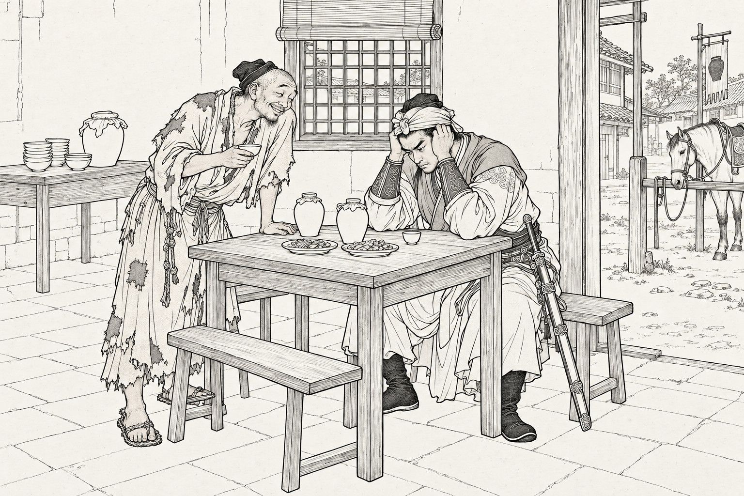 A line drawing in the manner of a late-Qing lithographed edition: in a small roadside tavern, a swordsman sits with his elbows on a square table and his head in his hands, a sword at his side, while a ragged monk with a wine cup leans on the table beside him, head cocked, grinning.