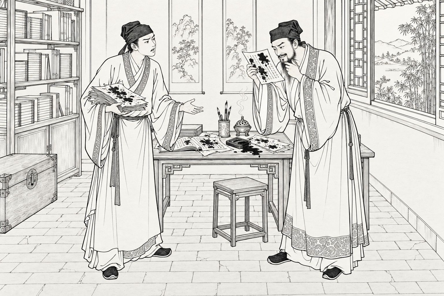 A line drawing in the manner of a late-Qing lithographed edition: in the daytime study of a mountain-village scholar's house, a young scholar in a soft cap and long gown holds a sheaf of ink-blotted papers and spreads his hand in complaint, while an older bearded scholar bends forward to hold one blotted page up to his eyes and strokes his beard, with a desk of spilled ink, brushes and an incense burner between them, a bookshelf and locked chest behind, and a lattice window opening on hills and bamboo.