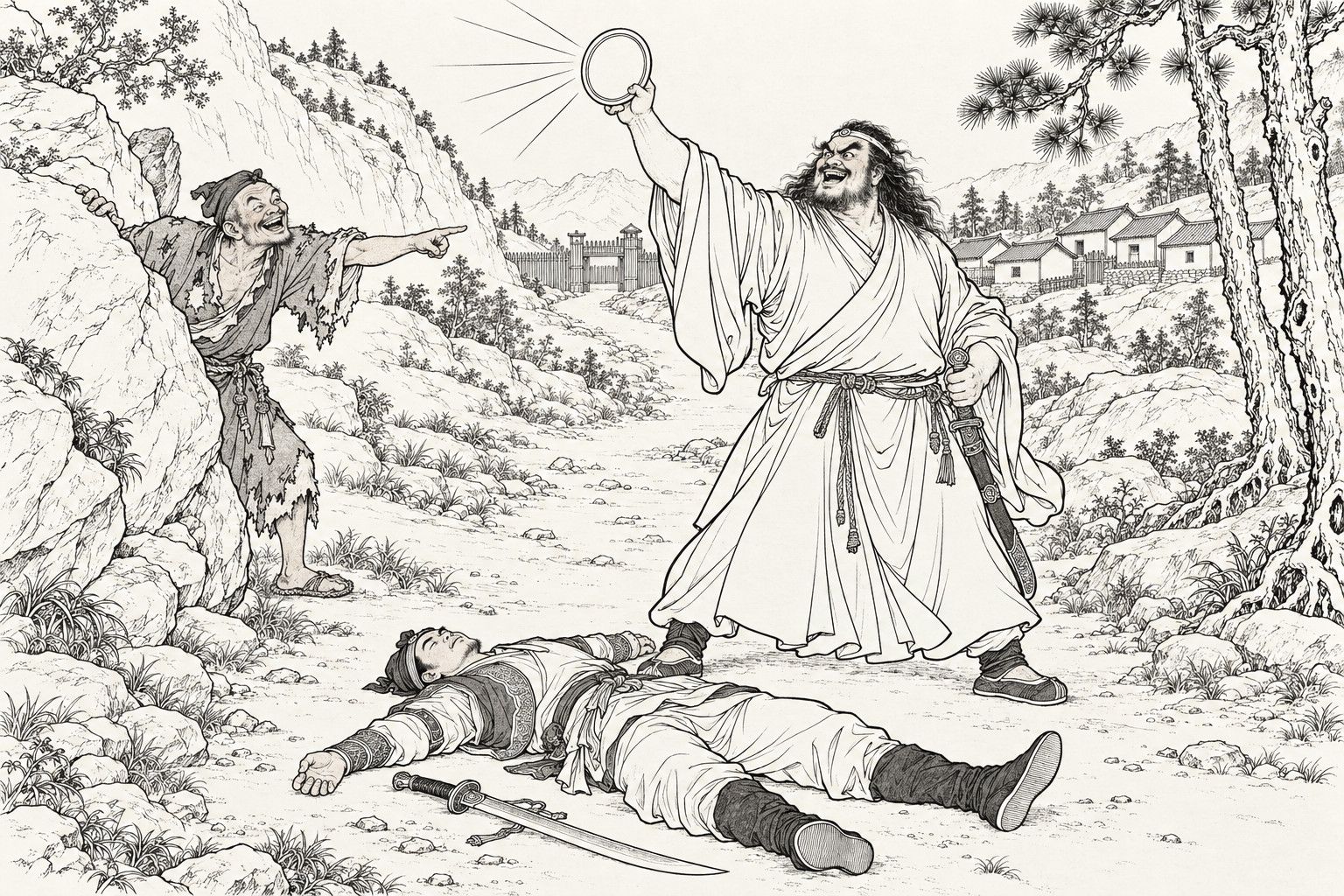 仿清末石印本的線描：山路上，披散著頭髮的魁梧和尚得意大笑，高舉著一面圓銅鏡，鏡上射出光線；一個武士仰面倒在地上，刀掉在手邊；一個破衣和尚從大石後探出身來，手指前方。