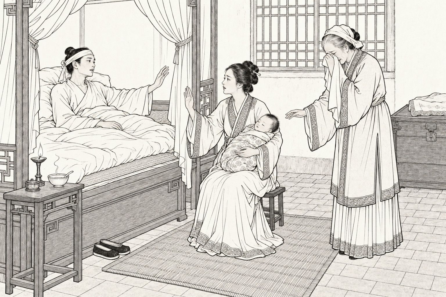 A line drawing in the manner of a late-Qing lithographed edition: in a plain village bedroom by day, a thin, ill young husband with a cloth band round his head lies propped on pillows in a canopied bed and raises his hand, while his young wife on a low stool holds their sleeping infant and lifts her hand in a vow, and his elderly mother stands at the right with her sleeve to her tearful face, beside a bedside table with a lamp and medicine bowl, a lattice window, a clothes chest and a brick floor with a mat.