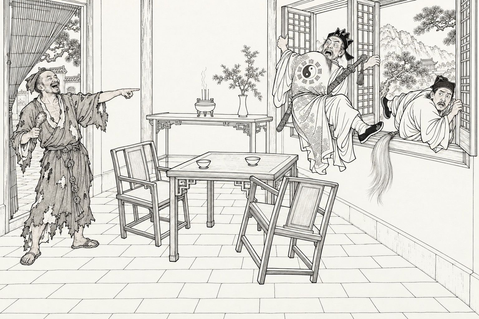 A line drawing in the manner of a late-Qing lithographed edition: in a guest hall, an elder Daoist with a sword on his back has one leg over a window sill and his mouth open in terror while a younger Daoist climbs out head first beside him, and a ragged monk with a drumstick in hand stands laughing at the left doorway and pointing.