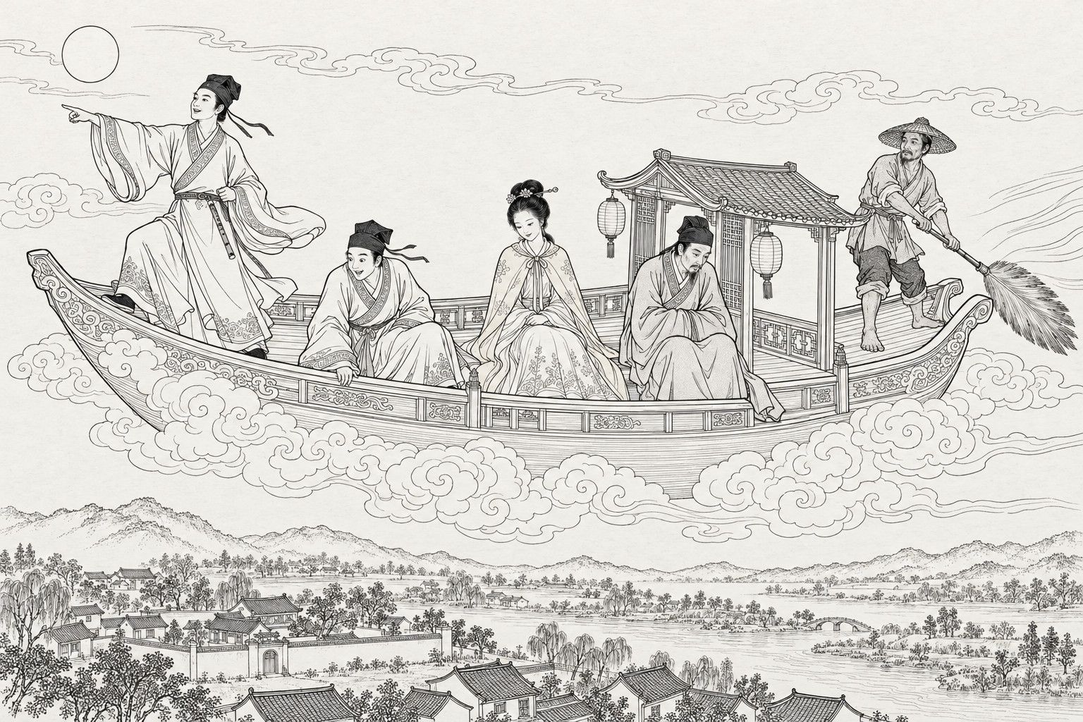 A line drawing in the manner of a late-Qing lithographed edition: on a moonlit Mid-Autumn night a painted pleasure boat with a small tiled cabin and two lanterns floats among curling clouds above a sleeping village and winding river, a young scholar at the bow pointing ahead, another scholar leaning over the rail to look down, a girl in a cape sitting serenely, a hunched older scholar with hands in his sleeves, and a boatman in a bamboo hat at the stern working a feather-bladed oar.