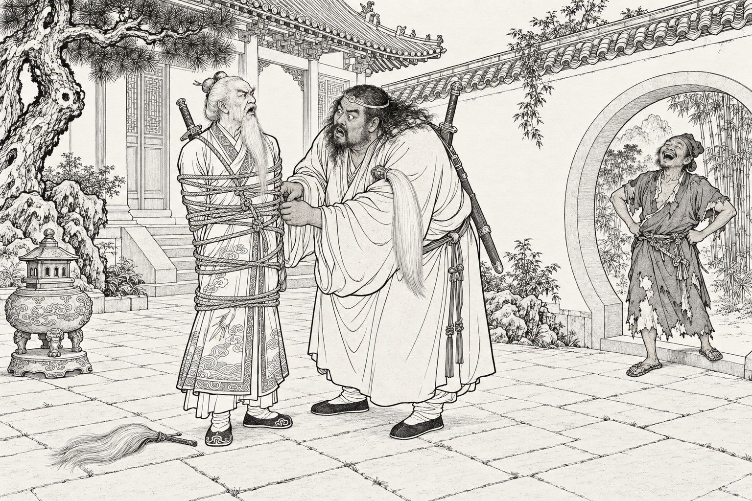 仿清末石印本的线描:寺院院子里,高个子的老道士从肩到膝被绳子一圈圈缠着;披着长发的魁梧和尚腋下夹着拂尘,一脸茫然地摸着绳结;圆门口,破衣和尚一手叉腰,大笑着。