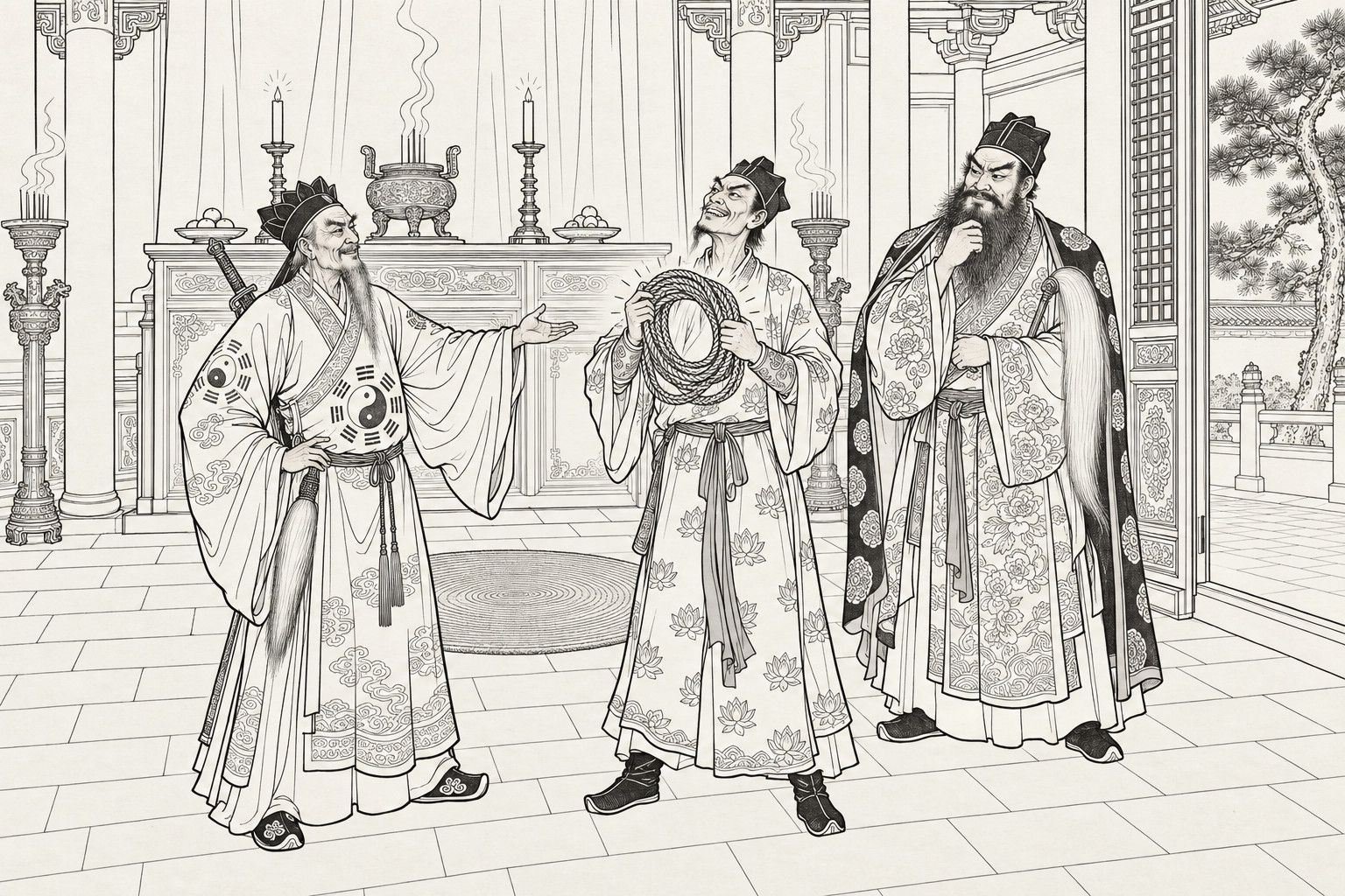 A line drawing in the manner of a late-Qing lithographed edition: in a hall with an altar table, a Daoist chieftain with a sword on his back holds out a hand toward his two guests, a thin man who holds up a coil of rope and a tall bearded man with a whisk in the crook of his arm who strokes his beard and nods.