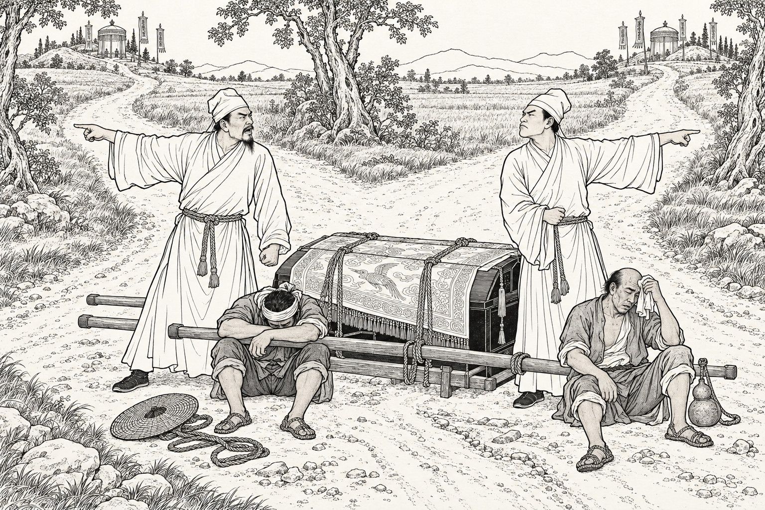 A line drawing in the manner of a late-Qing lithographed edition: on a country road fork in the afternoon, two brothers in white mourning dress stand on either side of a pall-covered coffin set down on its carrying frame, each angrily pointing up a different road, while two exhausted bearers sit slumped on the ground, one with his head on the pole and one wiping his brow, with trees, fields, low hills and brocade canopies with banners far up both roads.