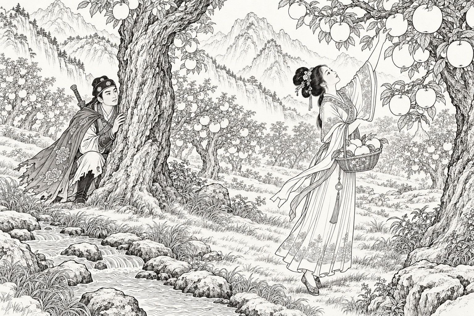 A line drawing in the manner of a late-Qing lithographed edition: in a mountain orchard of huge fruit, a young woman reaches up on tiptoe to pluck a giant apple into the basket on her arm, while a travel-worn young swordsman crouches half hidden behind a thick tree trunk, watching her.