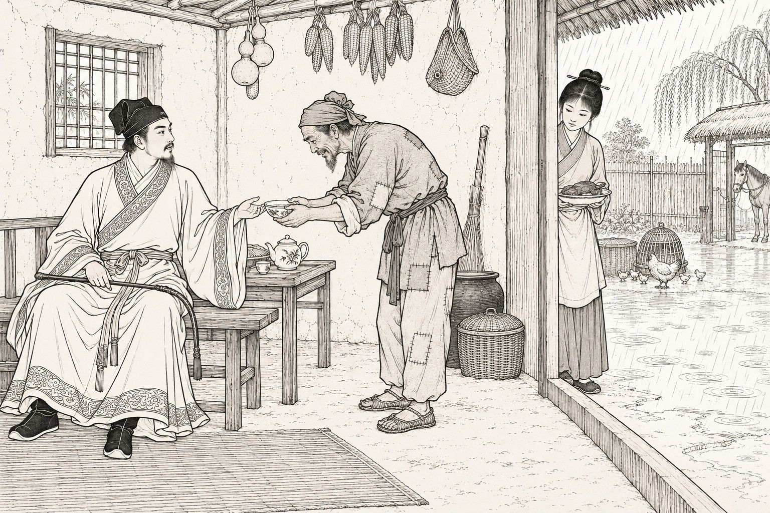 A line drawing in the manner of a late-Qing lithographed edition: on a rainy day inside a small farmhouse, a gentleman in a scholar's cap sits on a bench with a riding whip across his knee and reaches for a tea bowl offered with both hands by a bowing, patch-jacketed farmer, while at the open door a modest young girl stands with a dish of roast meat, and beyond her a rainy yard holds puddles, a hen with chicks, a tethered horse and a willow.