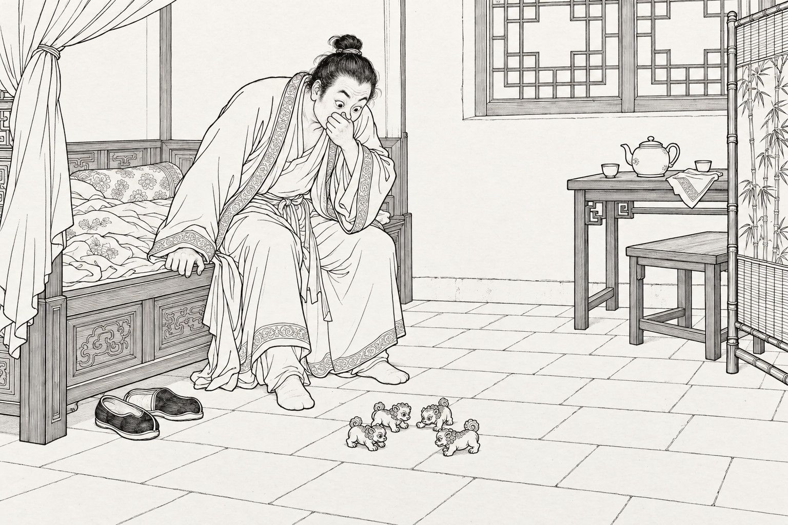 A line drawing in the manner of a late-Qing lithographed edition: in a plain bedroom by day, a topknotted man in a loose open robe sits on the edge of a curtained carved bed, one hand clapped over his nose and the other gripping the frame, staring in astonishment at four tiny curly-tailed tile-dog creatures huddled on the brick floor, with a lattice window, a small table with teapot and cups, a bench and a bamboo screen behind.
