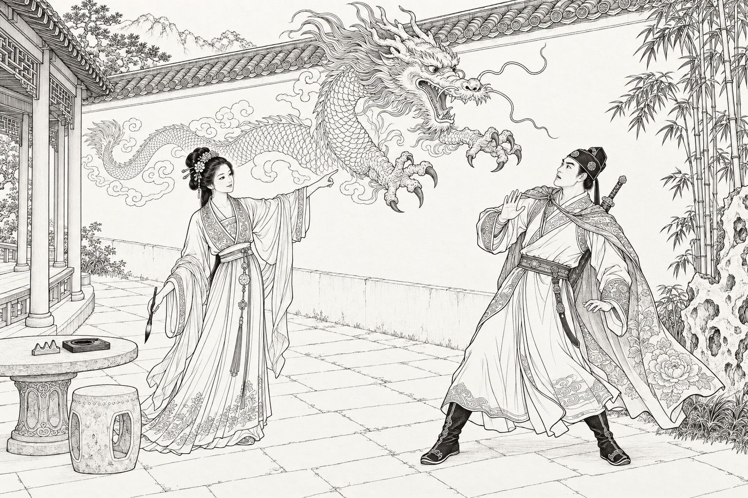 仿清末石印本的線描：圍牆花園裡，年輕女子一手拿著筆，指著白牆上畫的龍，龍頭和龍爪從牆裡騰出；披著劍客斗篷的年輕男子向後退了半步，抬手露出驚訝的神情。