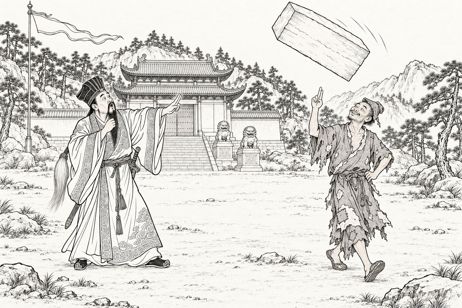A line drawing in the manner of a late-Qing lithographed edition: on open ground before a temple gate, a Daoist with a three-strand beard points up at a huge rectangular brick tilting in the air, while a ragged monk strolls on grinning with one finger raised toward it.
