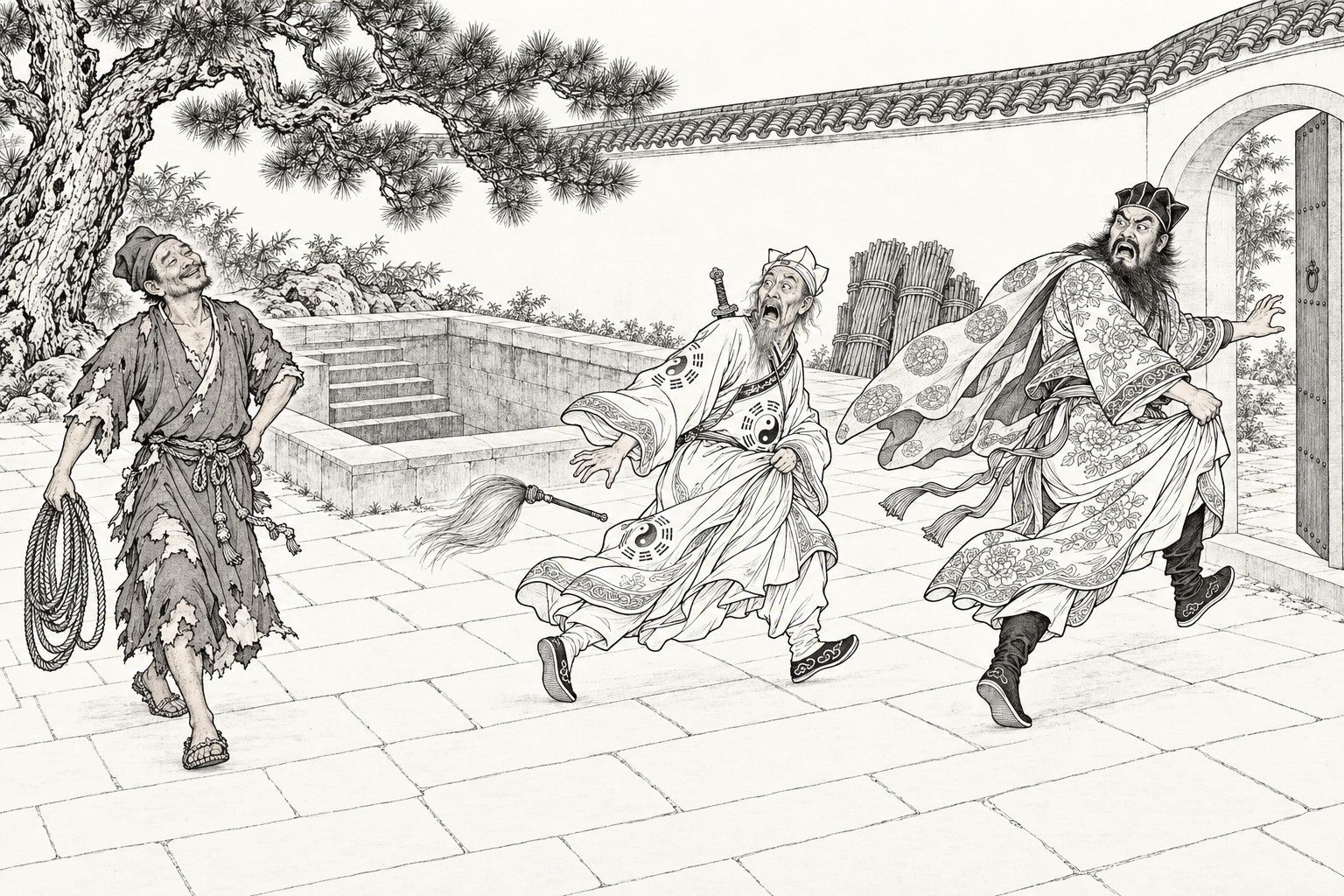 A line drawing in the manner of a late-Qing lithographed edition: in a Daoist temple courtyard, a ragged monk with a coil of rope in one hand grins with the other on his hip, while two Daoists in flowing robes bolt toward the small back gate at the right, one with his mouth open looking back and the other stumbling as his whisk flies away.