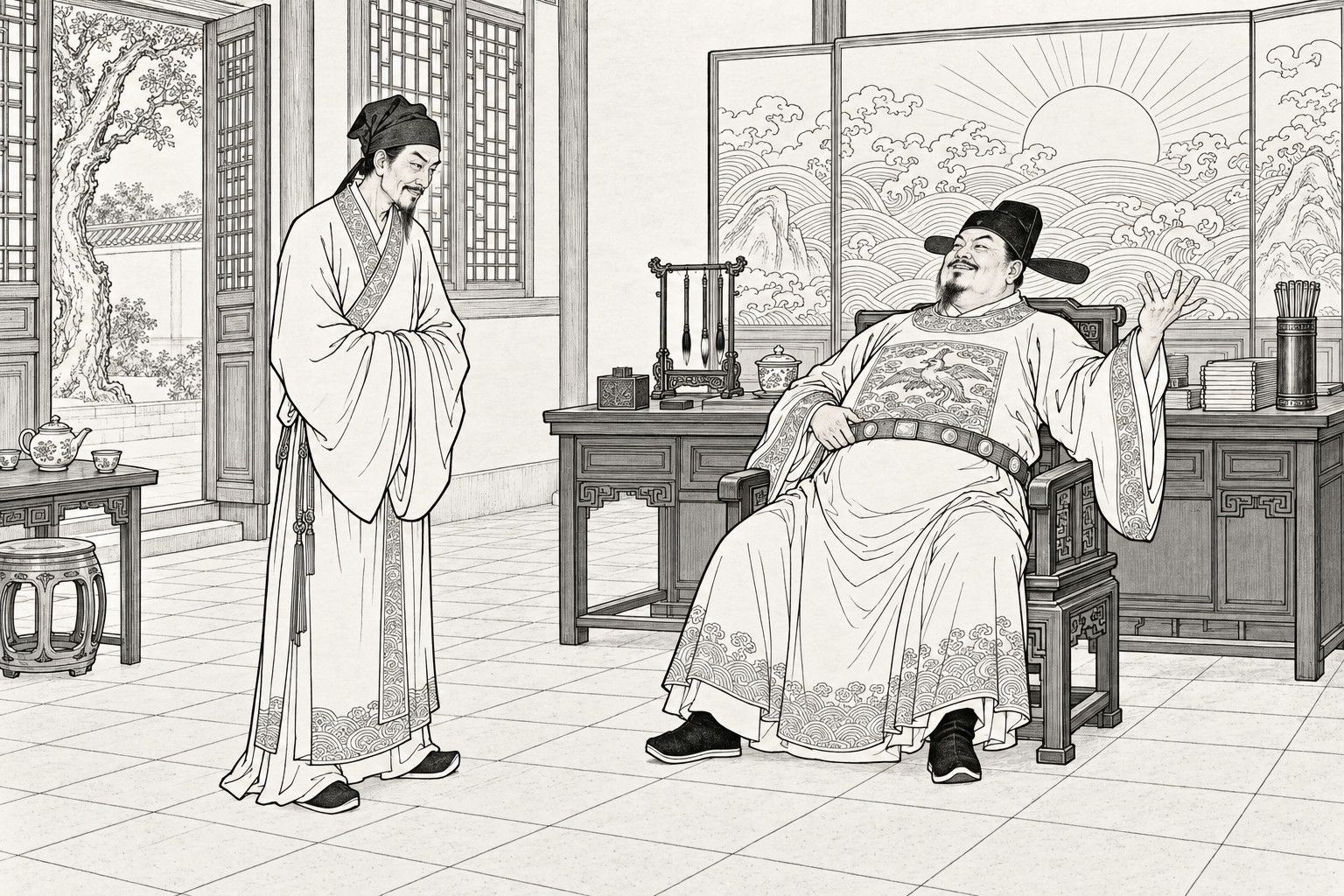 A line drawing in the manner of a late-Qing lithographed edition: by day in the private hall of a county yamen, a stout magistrate in official cap and embroidered robe leans back in a high-backed armchair with one hand on his jade belt and the other raised in boast, while a lean scholar stands facing him with hands tucked in his sleeves and head slightly bowed, before a screen of waves and rising sun, a desk with seal box and brush stand, a tea table and an open door onto a courtyard tree.