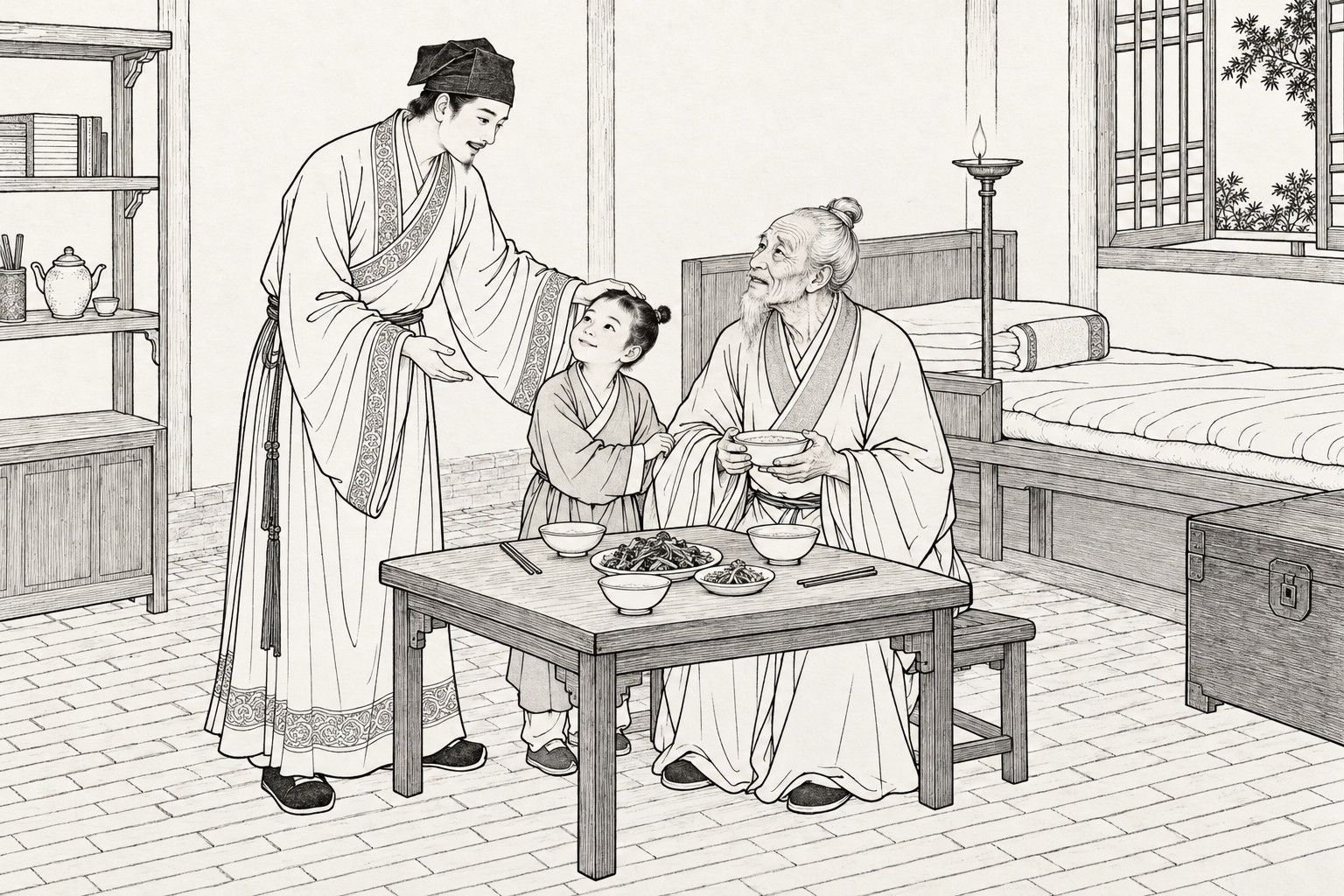 仿清末石印本的線描：簡樸的客舍裡，青年書生一手撫著小男孩的頭，孩子仰頭含笑看著他；一位穿著乾淨袍子的白鬚老翁坐著，捧著飯碗，感激地仰望；他們之間的小桌上放著碗、菜碟和筷子，後面是床和一盞燈。