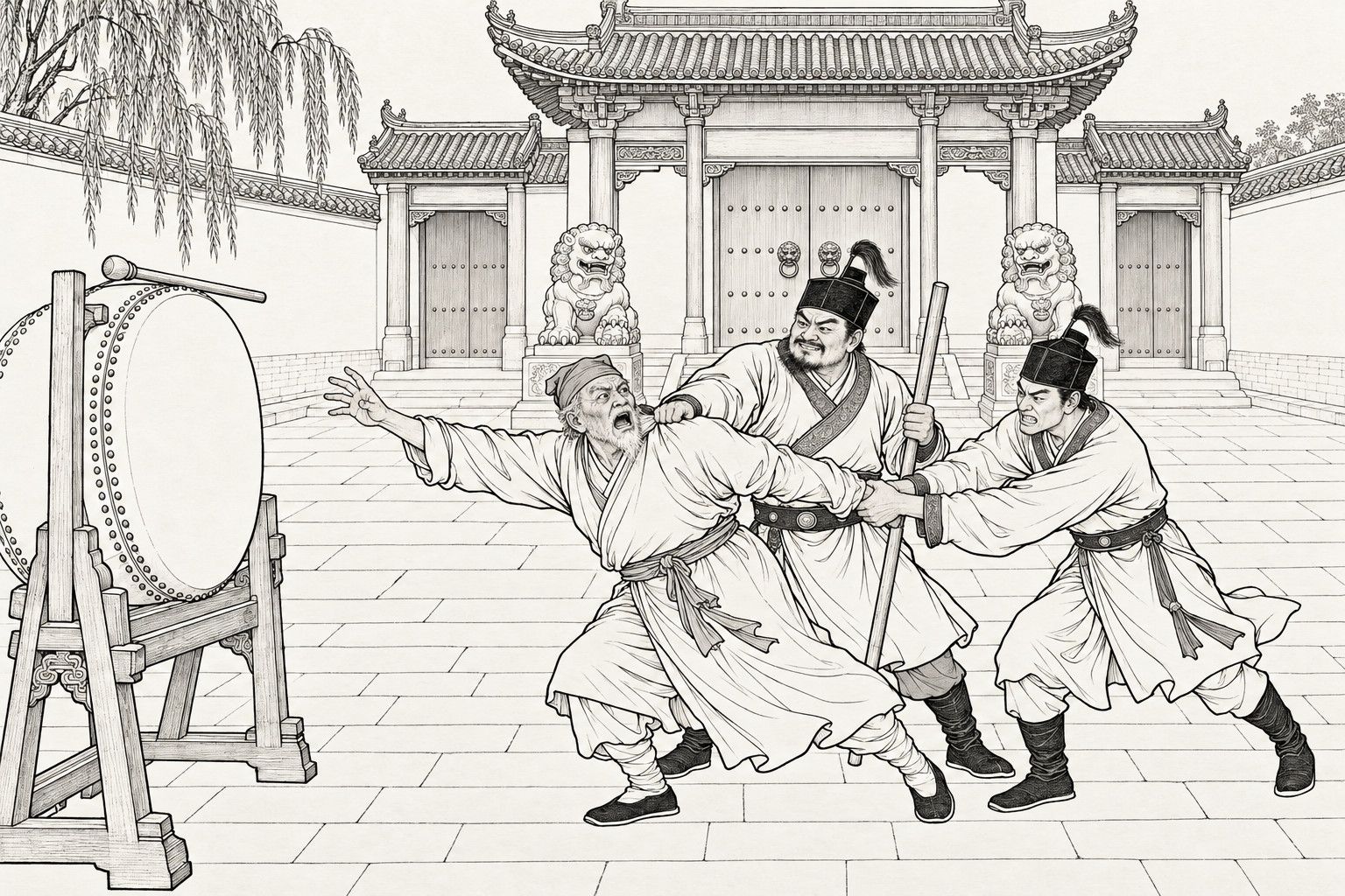 A line drawing in the manner of a late-Qing lithographed edition: before a magistrate's gate with stone lions, an old shopkeeper reaches toward the petition drum while a constable in a black cap holds him by the collar with a staff in his other hand and a second constable pins his arm.