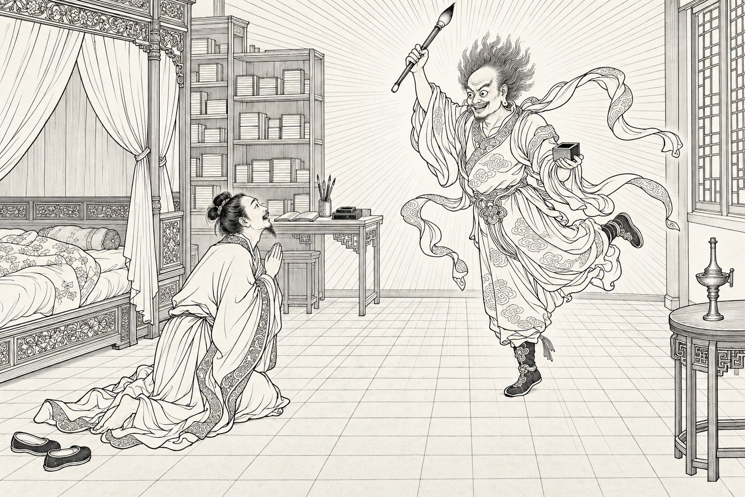 A line drawing in the manner of a late-Qing lithographed edition: at night in a scholar's bedroom, a bare-capped young scholar in a loose gown kneels on the brick floor beside a canopy bed with his hands pressed together, looking up at a wild-haired, grinning figure like a temple image of the god Kuixing, who balances on one leg with a great brush raised and a small ink box in his hand, while fine rays of light spread behind him across a bookshelf, a desk, a lattice window and a round table with a lamp.