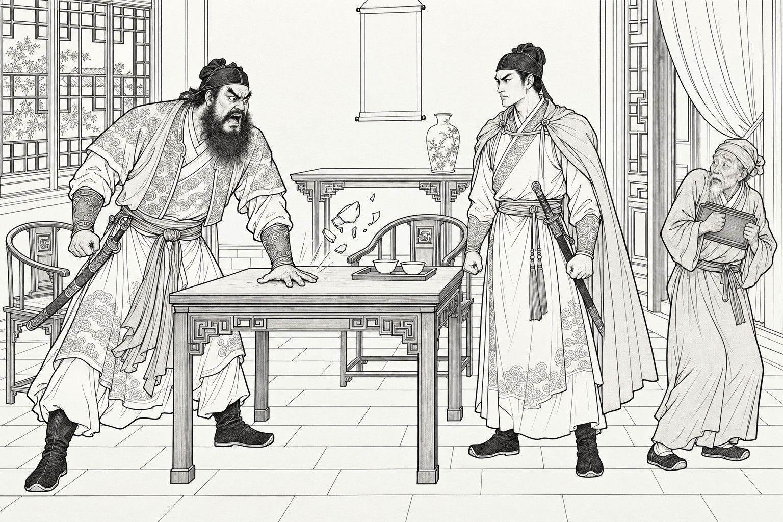A line drawing in the manner of a late-Qing lithographed edition: in a merchant's home, a fierce bearded bodyguard slams his palm on a table so that a tea bowl leaps and breaks into pieces in the air, his slim young friend stands rigid with fists clenched and swords at their sides, and an old servant with a tray shrinks back.