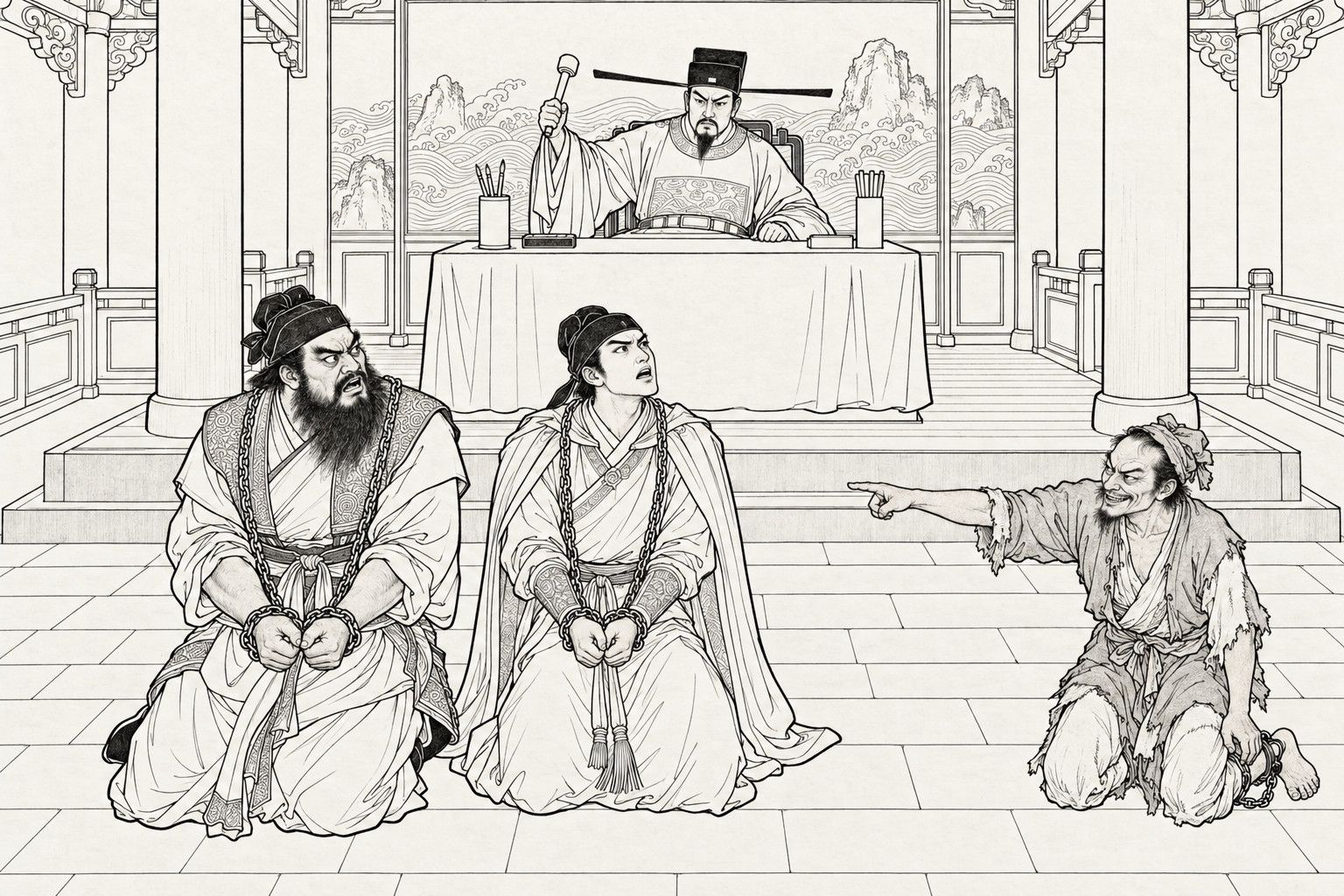 A line drawing in the manner of a late-Qing lithographed edition: in a court hall, a magistrate raises his gavel behind a draped desk, two bodyguards in chains kneel side by side, the bearded one glaring and his slim friend looking up urgently, and a wretched man in rags kneels at the right pointing at them with a sneer.