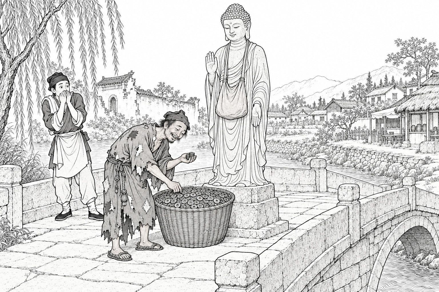 A line drawing in the manner of a late-Qing lithographed edition: on a stone bridge at the edge of a village, a ragged monk grins and picks coins out of a big basket heaped with them at the feet of a standing stone Buddha, while a young tavern servant at the left clasps both hands over his mouth.