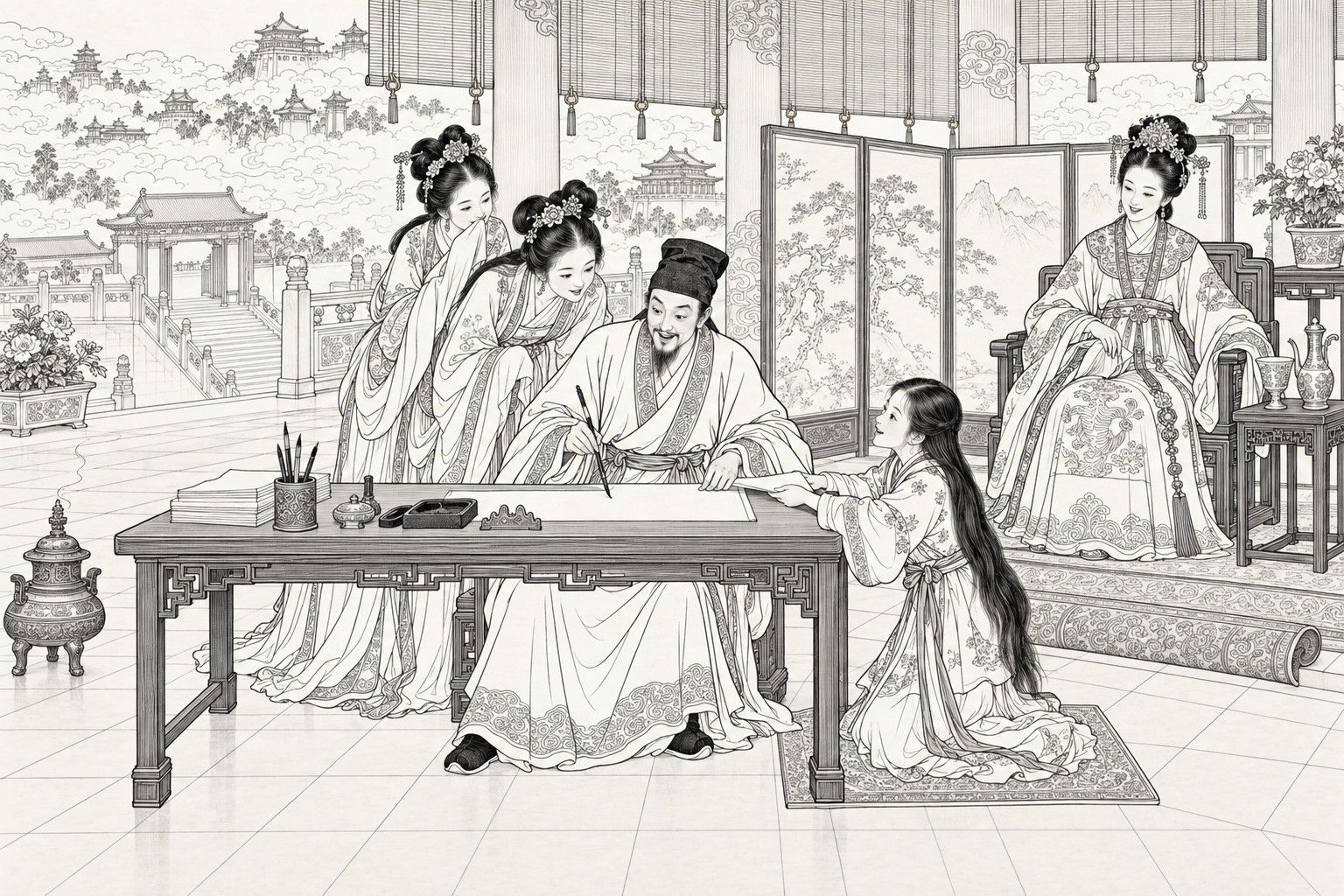 A line drawing in the manner of a late-Qing lithographed edition: in a bright palace hall above the clouds by day, a scholar sits at a long writing table brushing words swiftly while a kneeling girl with loose hair slips a folded sheet under his wrist, two young women lean over his shoulder to peep and smile, and a noble lady in court dress sits on a low dais at the right with a wine cup and ewer beside her, with a terrace, stone steps and distant towers behind them.