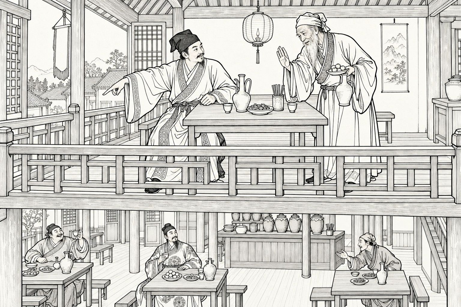 A line drawing in the manner of a late-Qing lithographed edition: in the lit upper room of a two-storey wine shop at night, a scholar seated at a table by the railing points out and downward, while a white-bearded old man standing beside him holds a wine jug and a plate of fruit and raises a hand in warning, and below in the hall a dignified man in a round-collared robe sits before a dish of kumquats between two other drinkers.