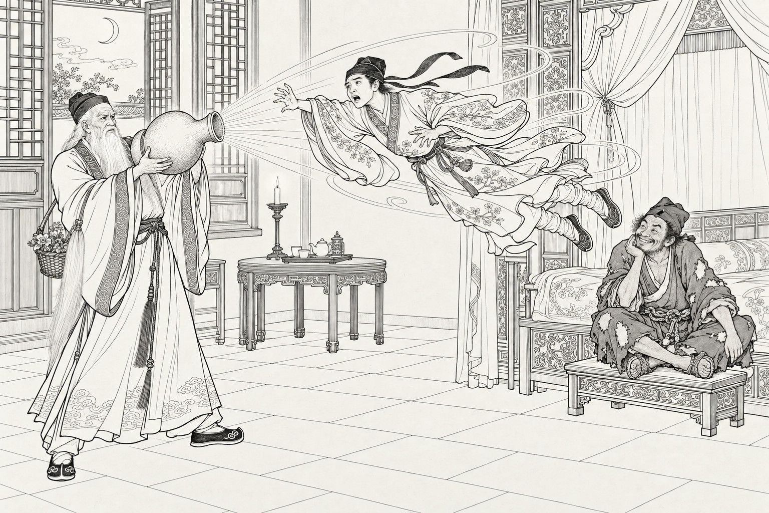 A line drawing in the manner of a late-Qing lithographed edition: at night in a bedchamber, a tall old Daoist with a snow-white beard holds a gourd whose mouth pours out rays of light that whirl a young man in a scholar's robe through the air with his sleeves and ribbons streaming, while a ragged monk sits on the bed's footstool with his chin on his hand, smiling.