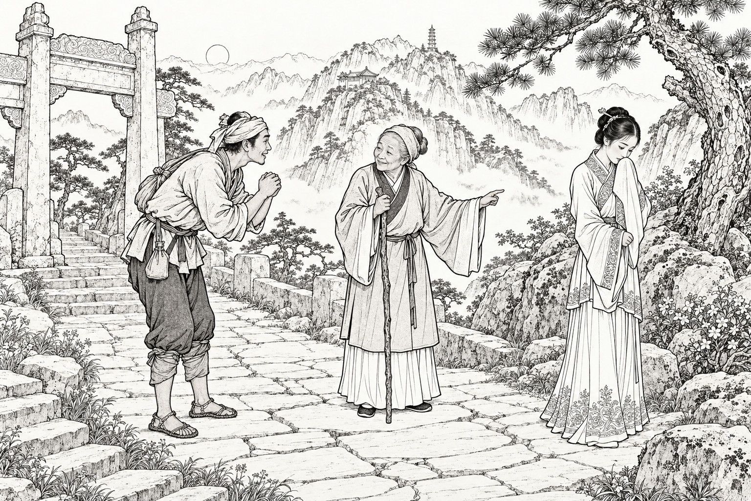 A line drawing in the manner of a late-Qing lithographed edition: on a stone-paved mountain road in the late afternoon, a poor young pedlar bows with clasped hands to an old woman leaning on a staff, who points toward her daughter, while the girl stands apart at the right with her face turned away and a sleeve raised to her cheek, with a stone archway, an old pine, mossy rocks and misty far peaks with a pagoda behind them.