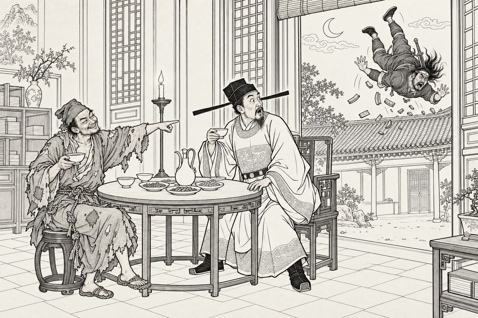 A line drawing in the manner of a late-Qing lithographed edition: at night in a magistrate's study, a ragged monk with a wine bowl points out through the open door with a sly grin, while the magistrate, his winged cap askew and cup still raised, stares, and outside a burly man in dark clothes tumbles headfirst through the air above the eaves.